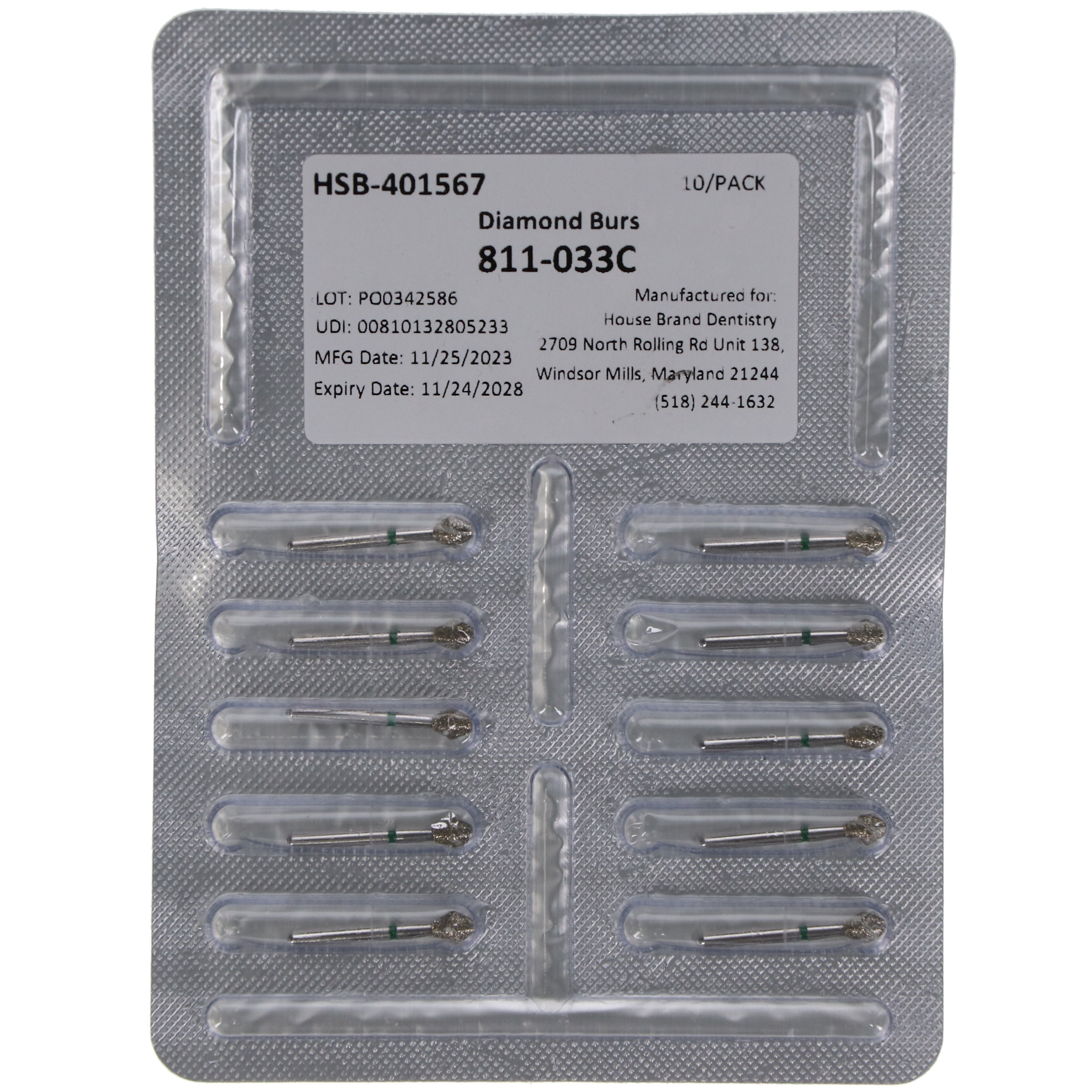 House Brand Dentistry 401567 HSB FG 811-033C Barrel Coarse Grit Diamond Burs 10/Pk