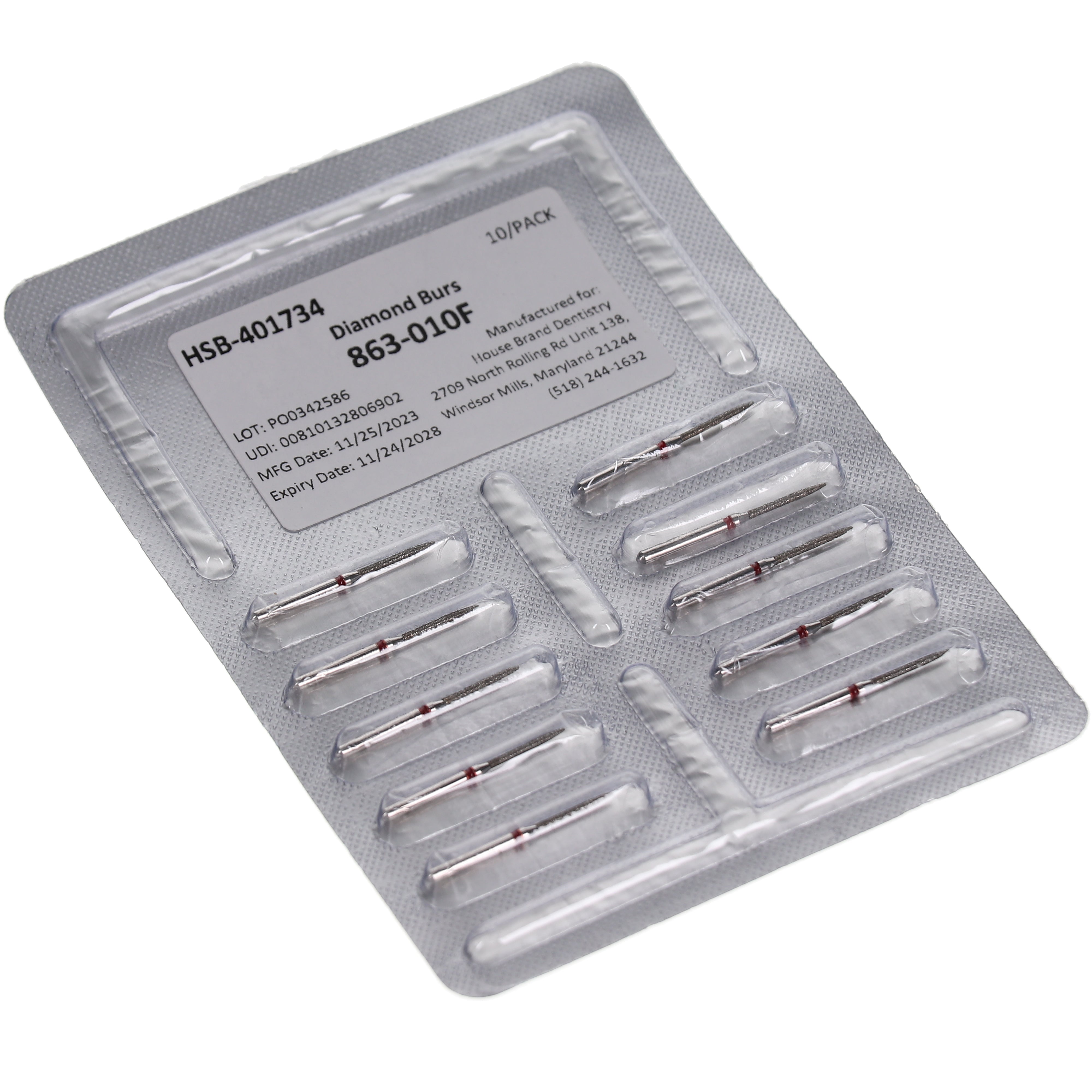 House Brand Dentistry 401734 HSB FG 863-010M Flame Medium Grit Diamond Burs 10/Pk