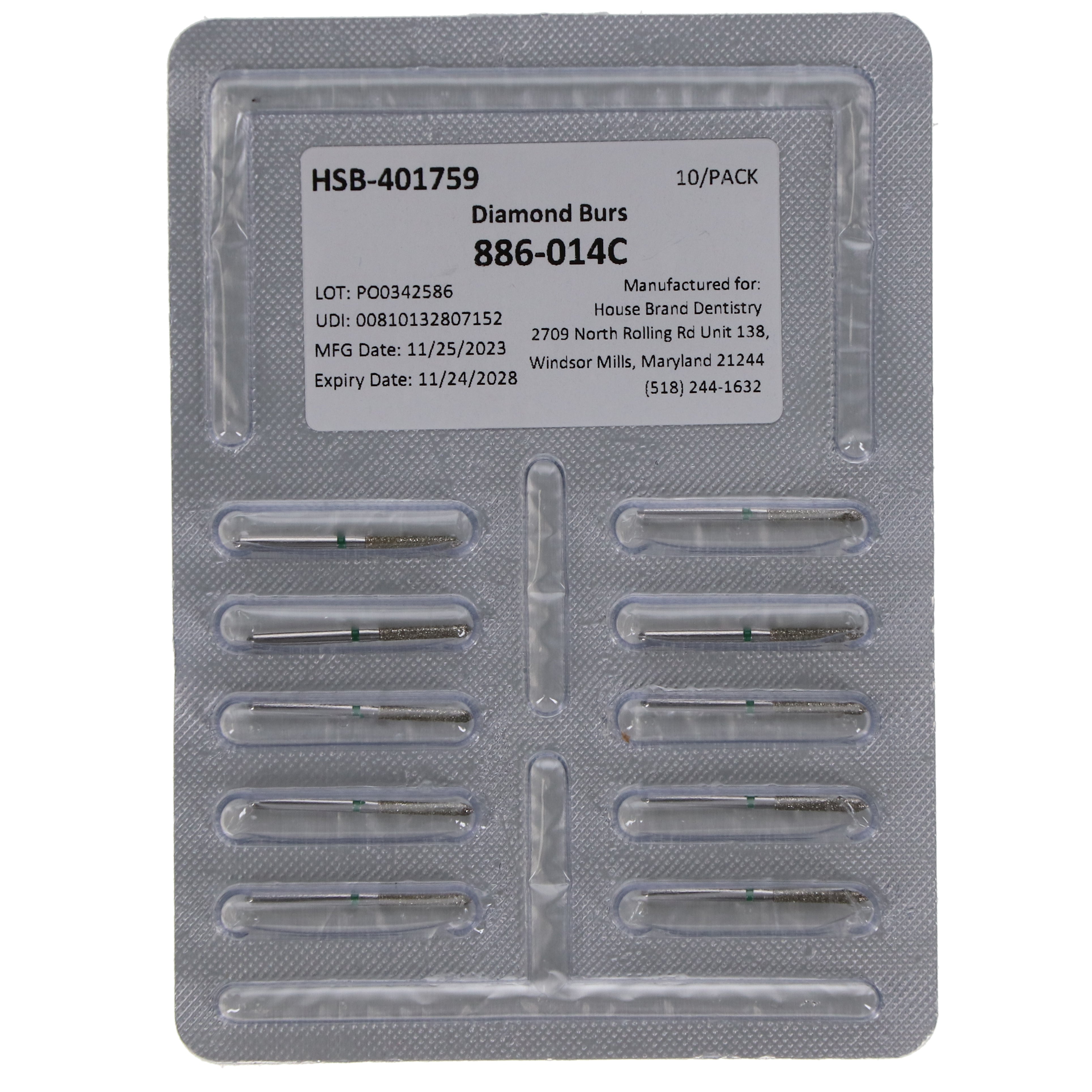 House Brand Dentistry 401759 HSB FG 886-014C Beveled Cylinder Coarse Grit Diamond Burs 10/Pk