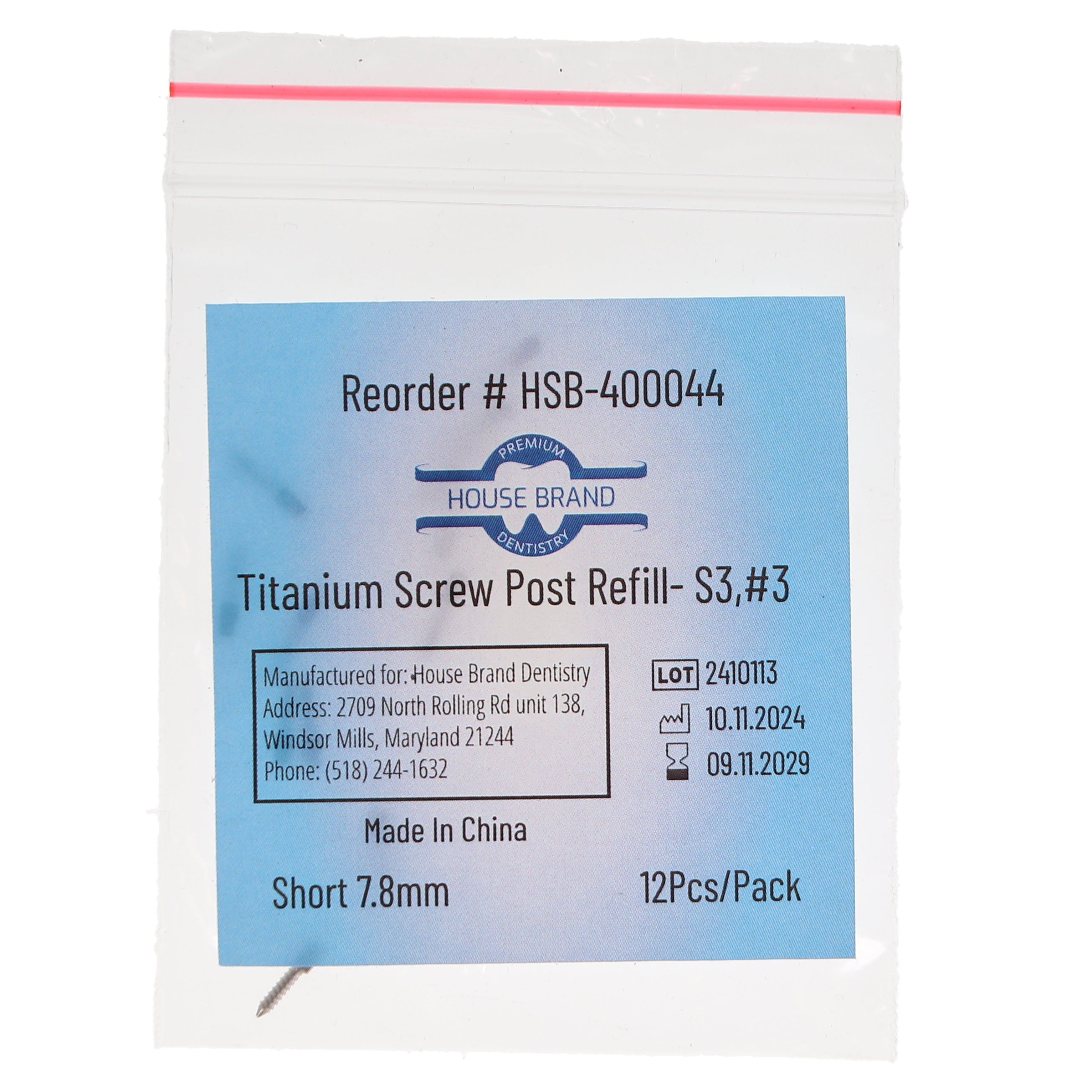 House Brand Dentistry 400044 HSB Titanium Screw Posts S3 #3 Short 7.8mm 12/Pk
