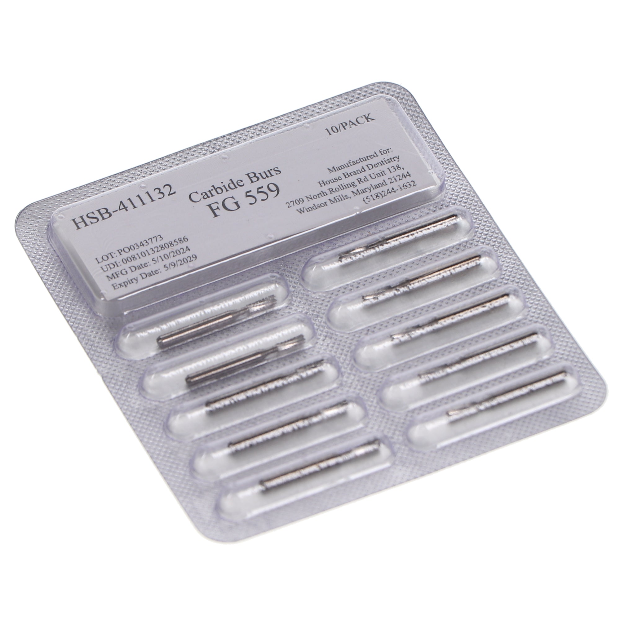 House Brand Dentistry 411132 HSB FG #559 Straight Fissure Crosscut Carbide Burs 10/Pk