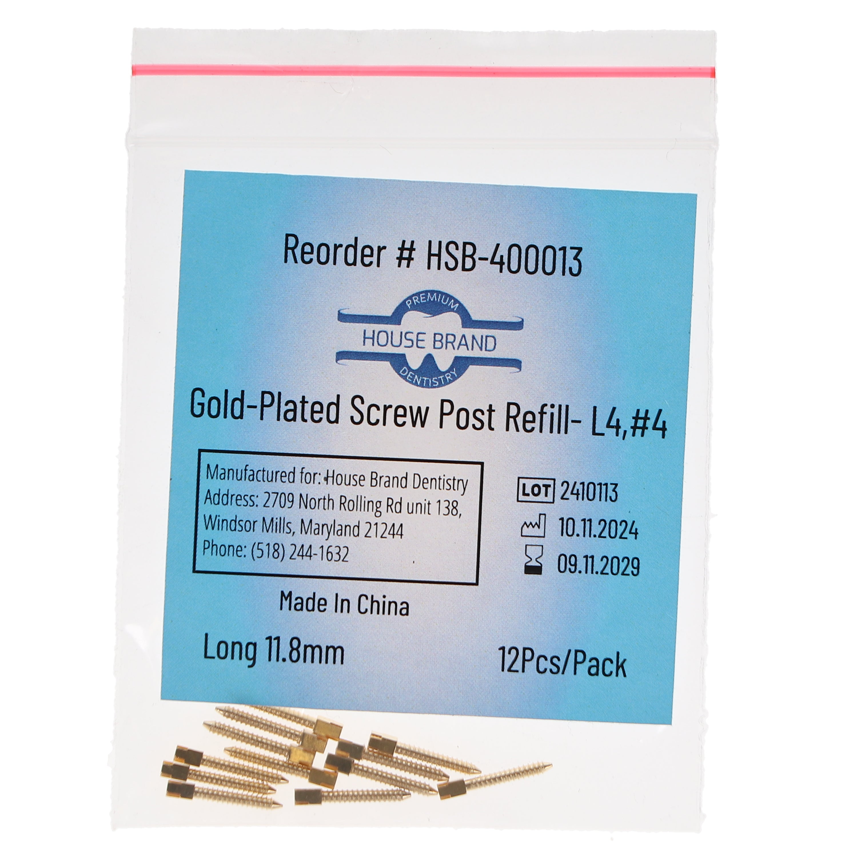 House Brand Dentistry 400013 HSB Gold Plated Screw Posts L4 #4 Long 11.8mm 12/Pk