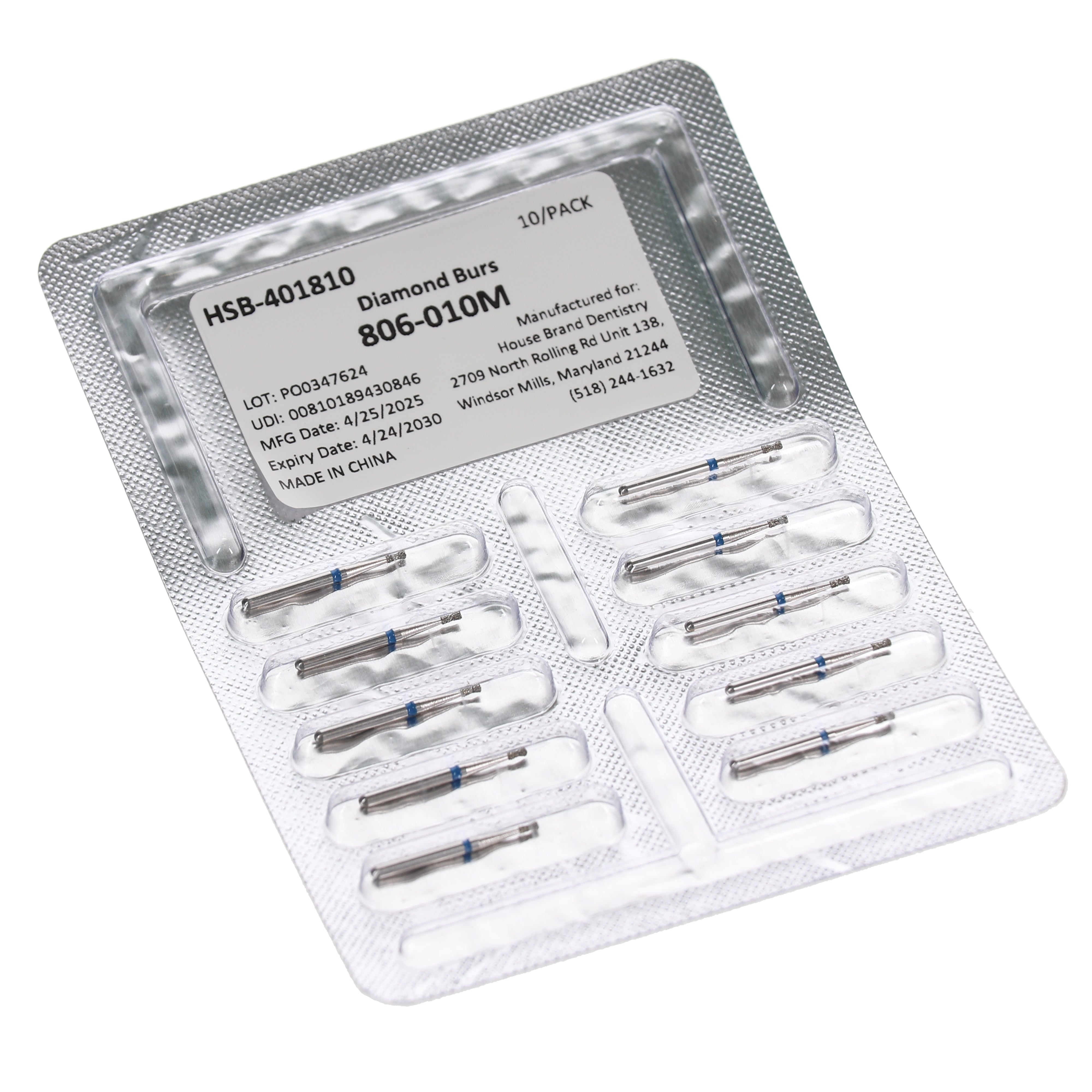 House Brand Dentistry 401810 HSB FG 806-010M Double Inverted Medium Grit Diamond Burs 10/Pk