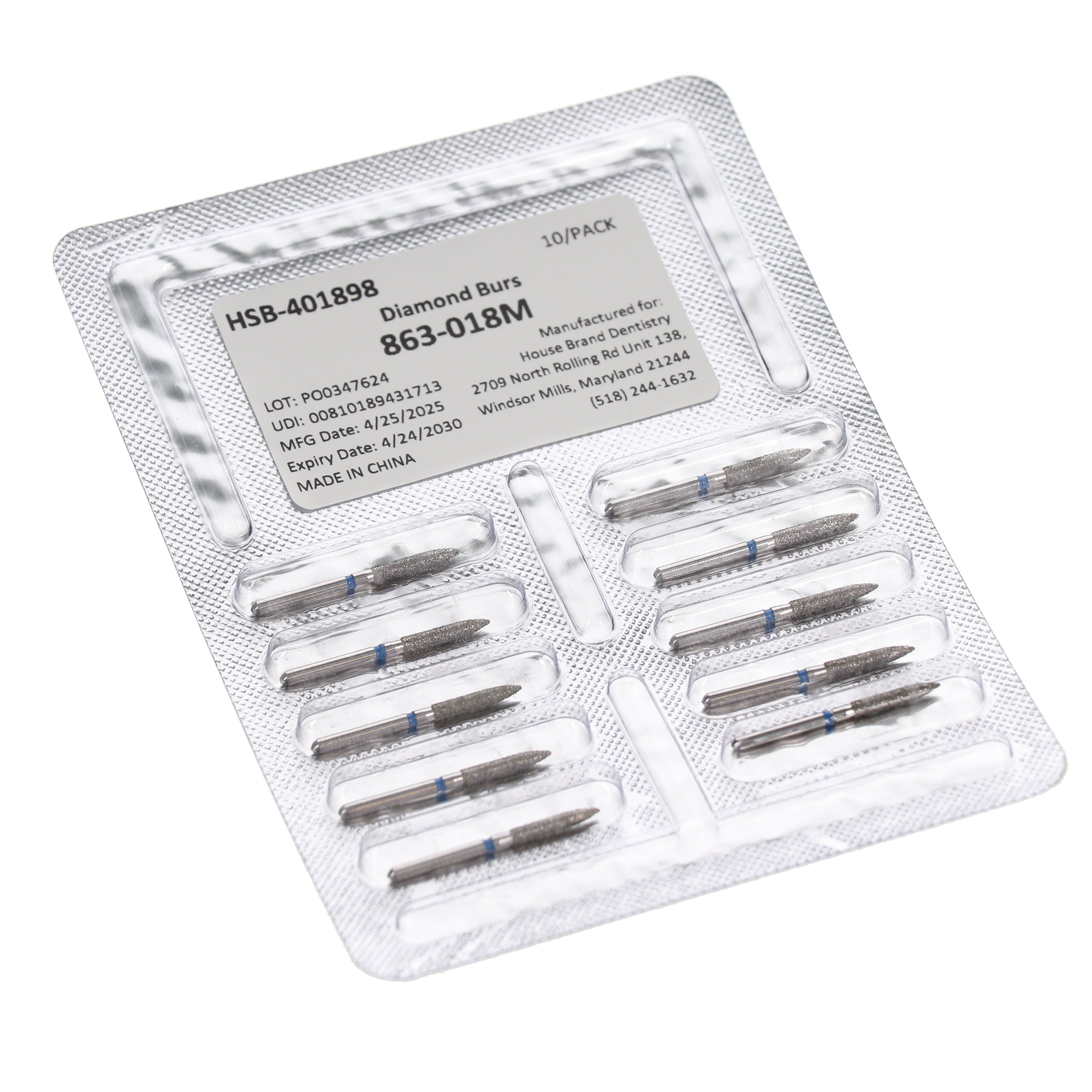 House Brand Dentistry 401898 HSB FG 863-018M Flame Medium Grit Diamond Burs 10/Pk