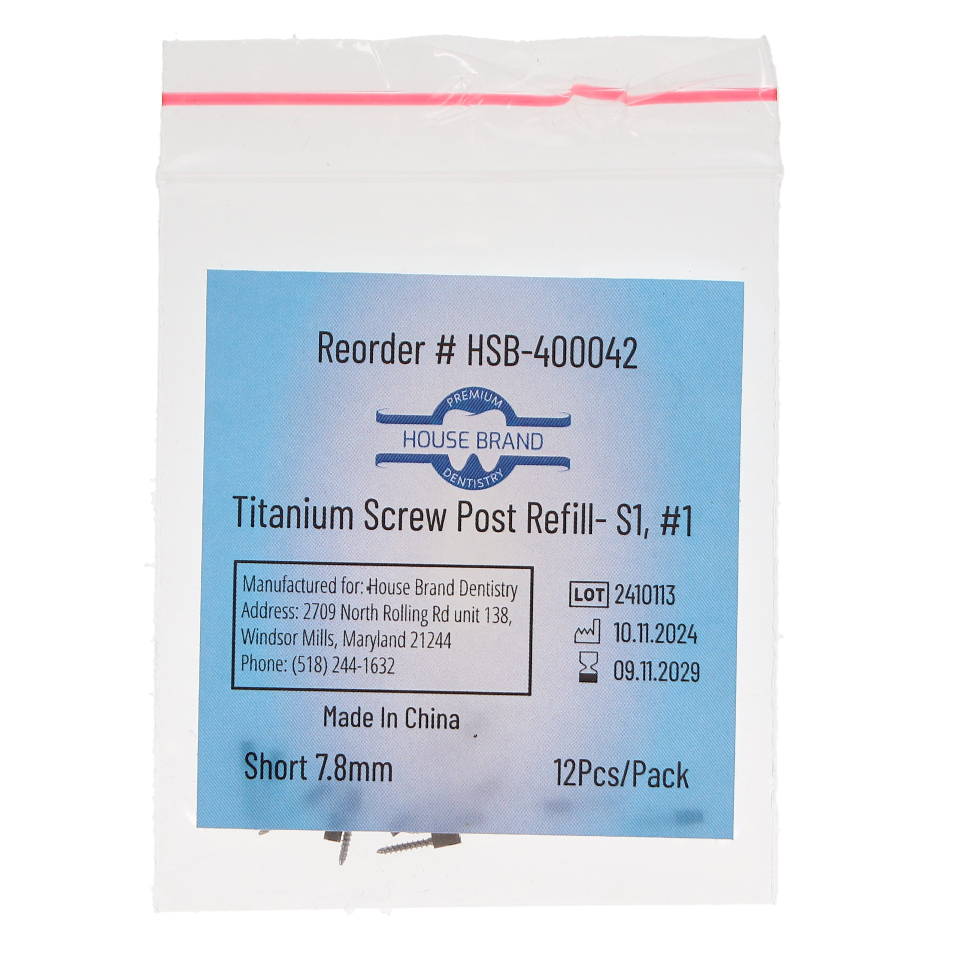 House Brand Dentistry 400042 HSB Titanium Screw Posts S1 #1 Short 7.8mm 12/Pk