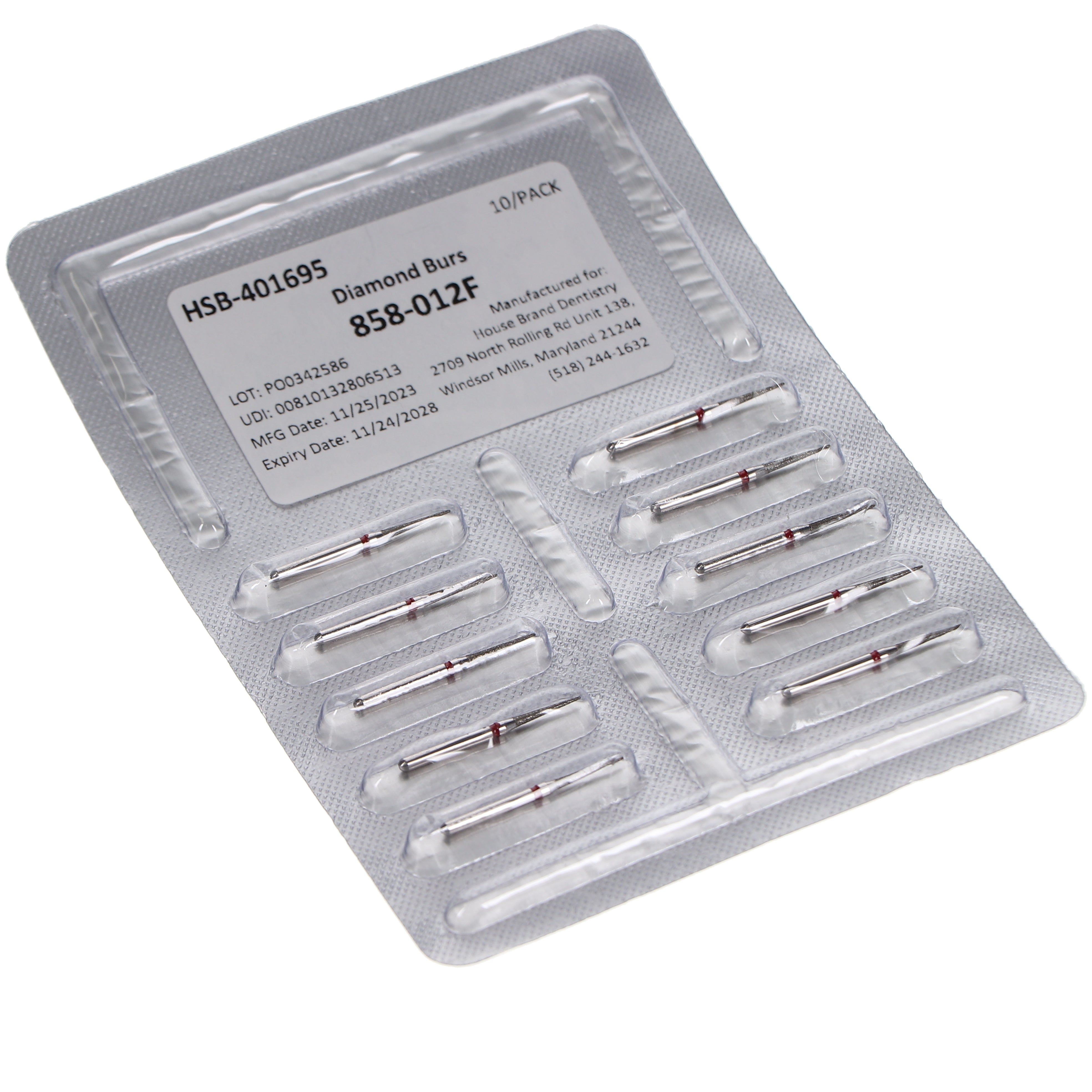 House Brand Dentistry 401695 HSB FG 858-012F Needle Fine Grit Diamond Burs 10/Pk