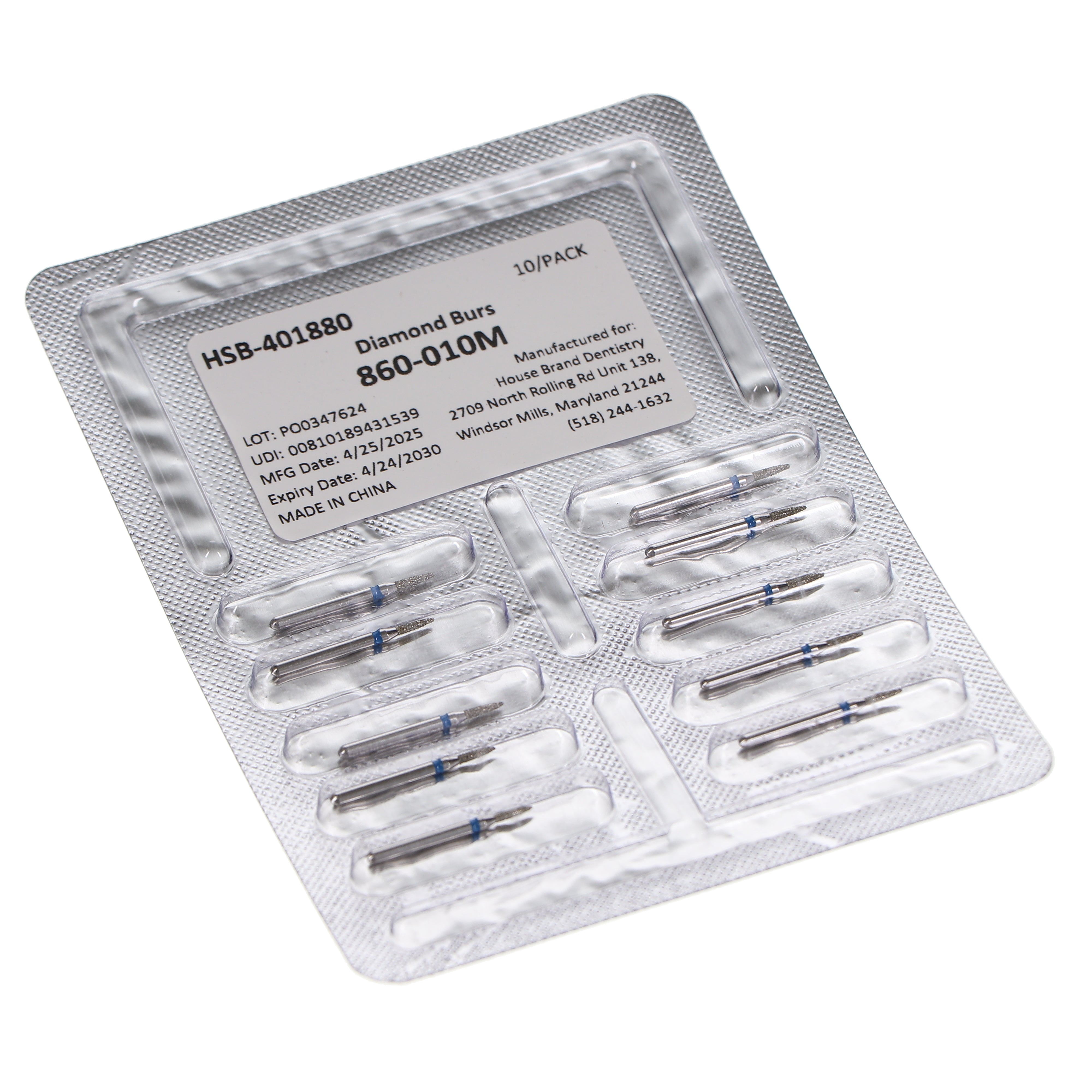 House Brand Dentistry 401880 HSB FG 860-010M Flame Medium Grit Diamond Burs 10/Pk