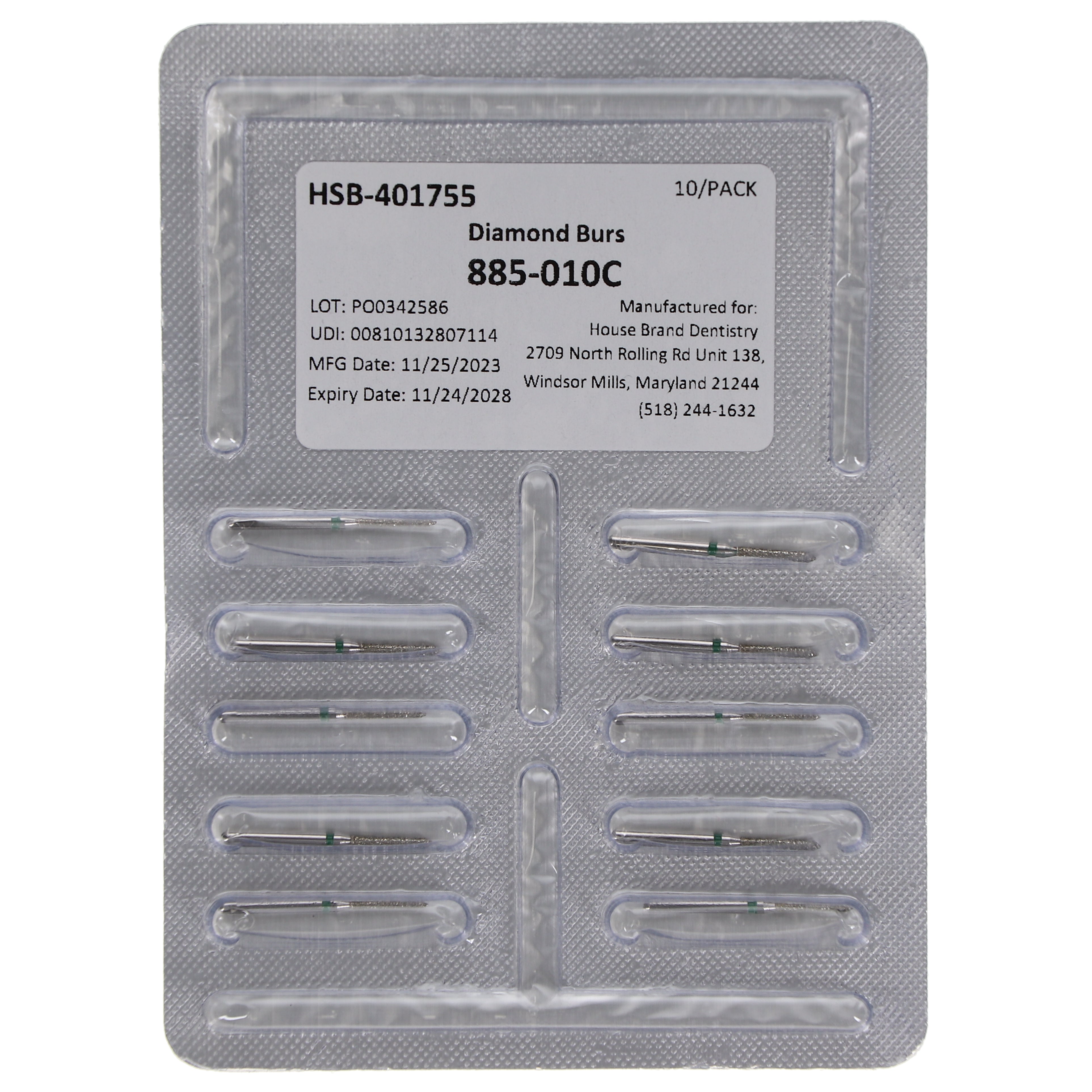 House Brand Dentistry 401755 HSB FG 885-010 Beveled Cylinder Coarse Grit Diamond Burs 10/Pk