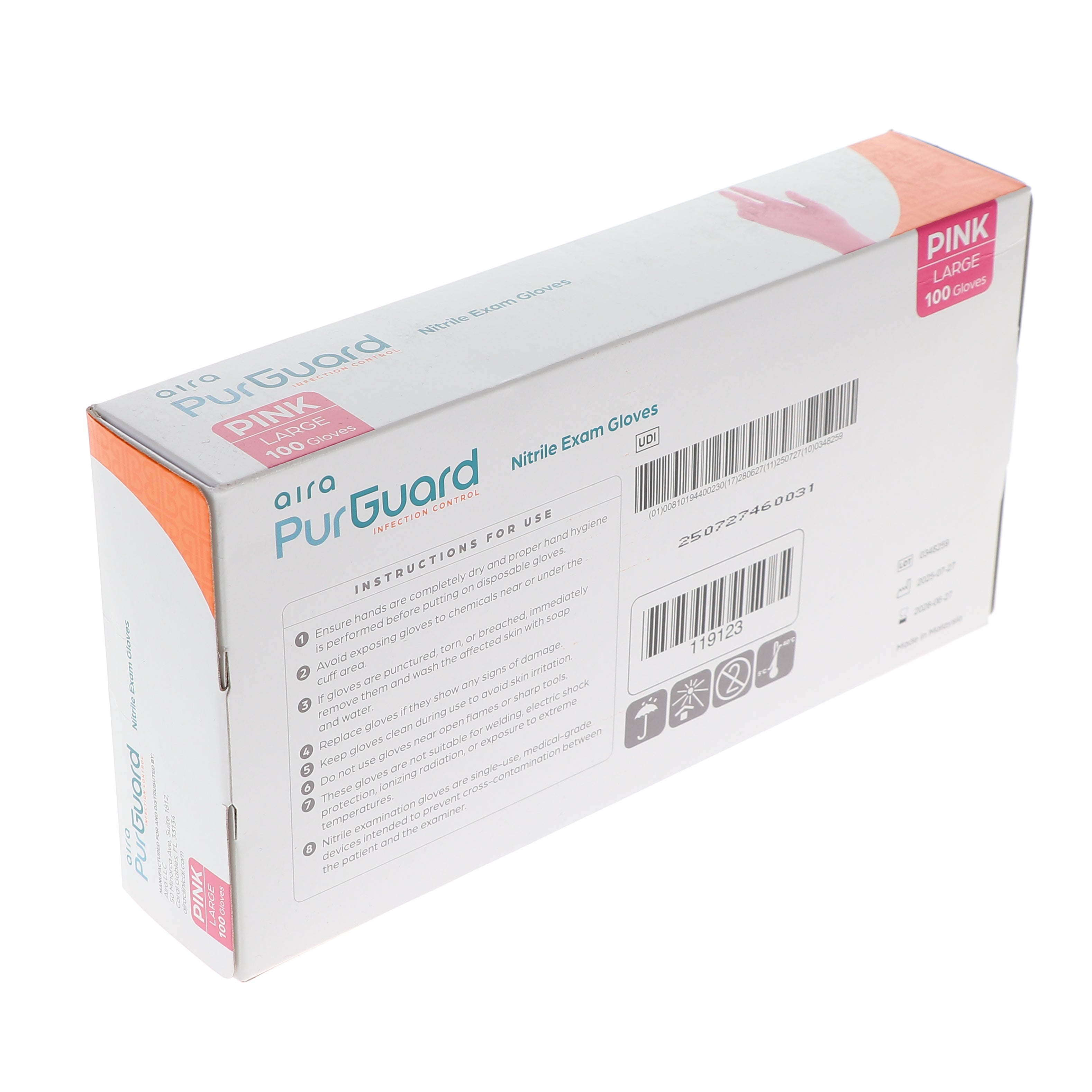 AIRA 119123 PurGuard Nitrile Exam Gloves Pink Large Latex Free Powder Free 100/Bx