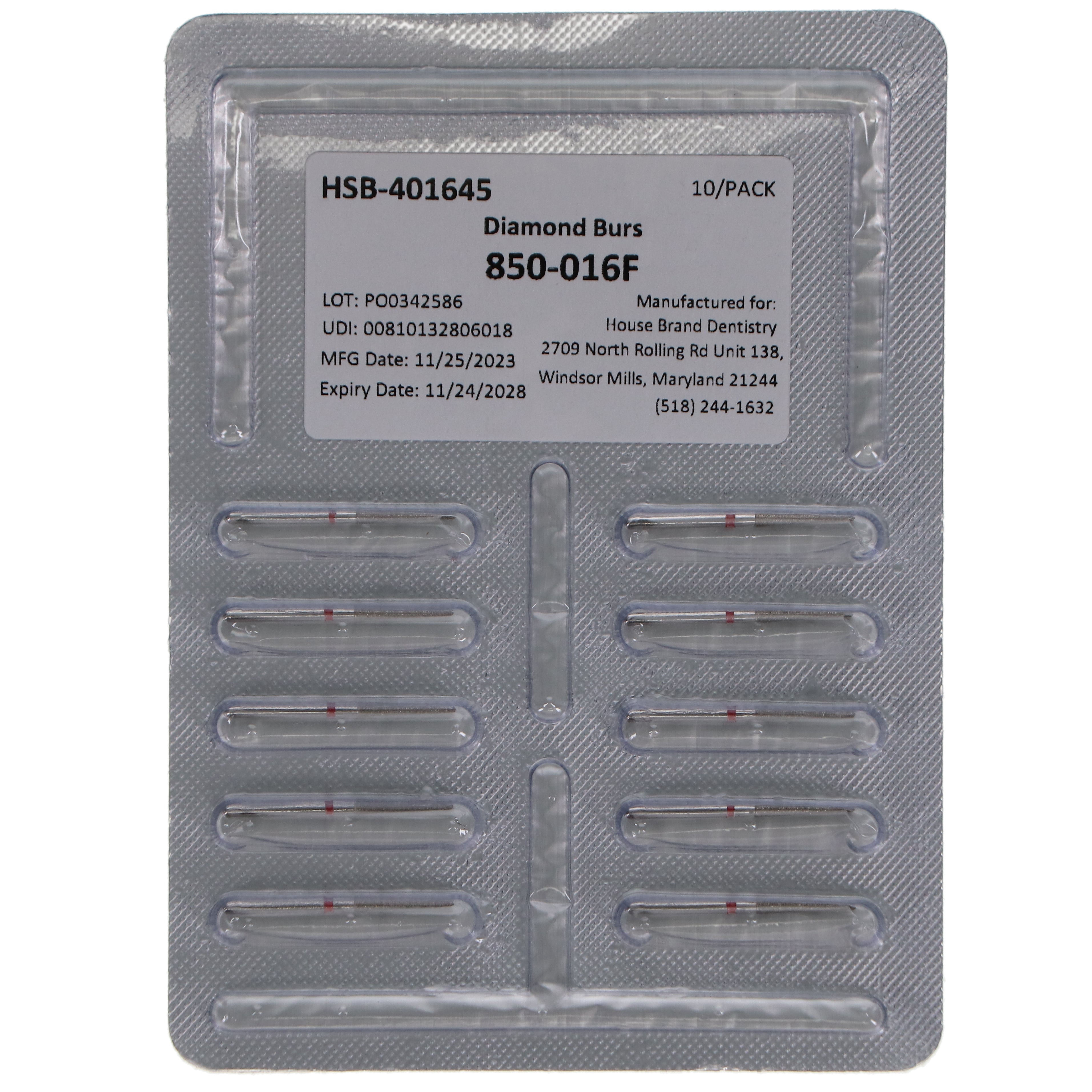 House Brand Dentistry 401645 HSB FG 850-016F Round End Taper Fine Grit Diamond Burs 10/Pk