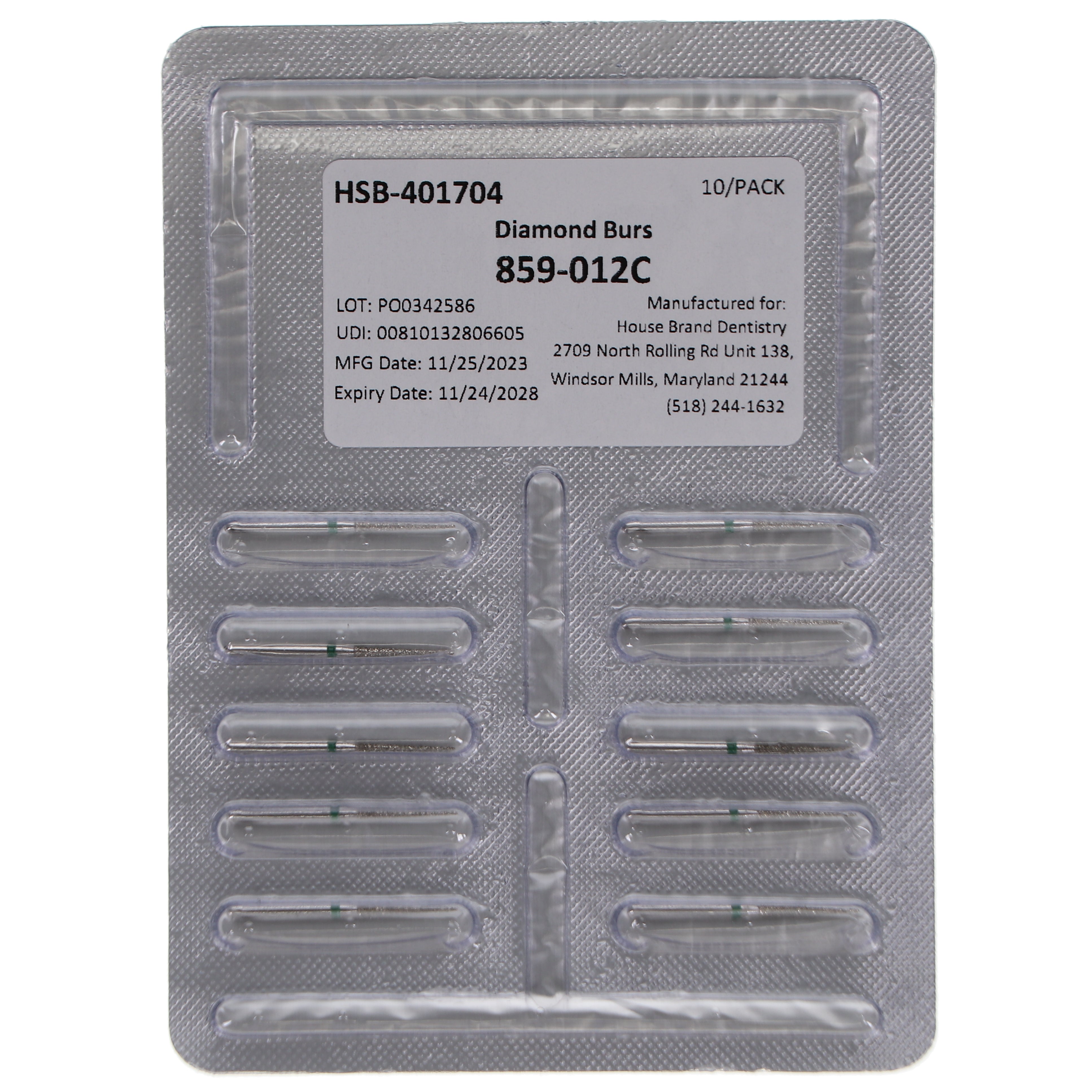 House Brand Dentistry 401704 HSB FG 859-012C Needle Coarse Grit Diamond Burs 10/Pk