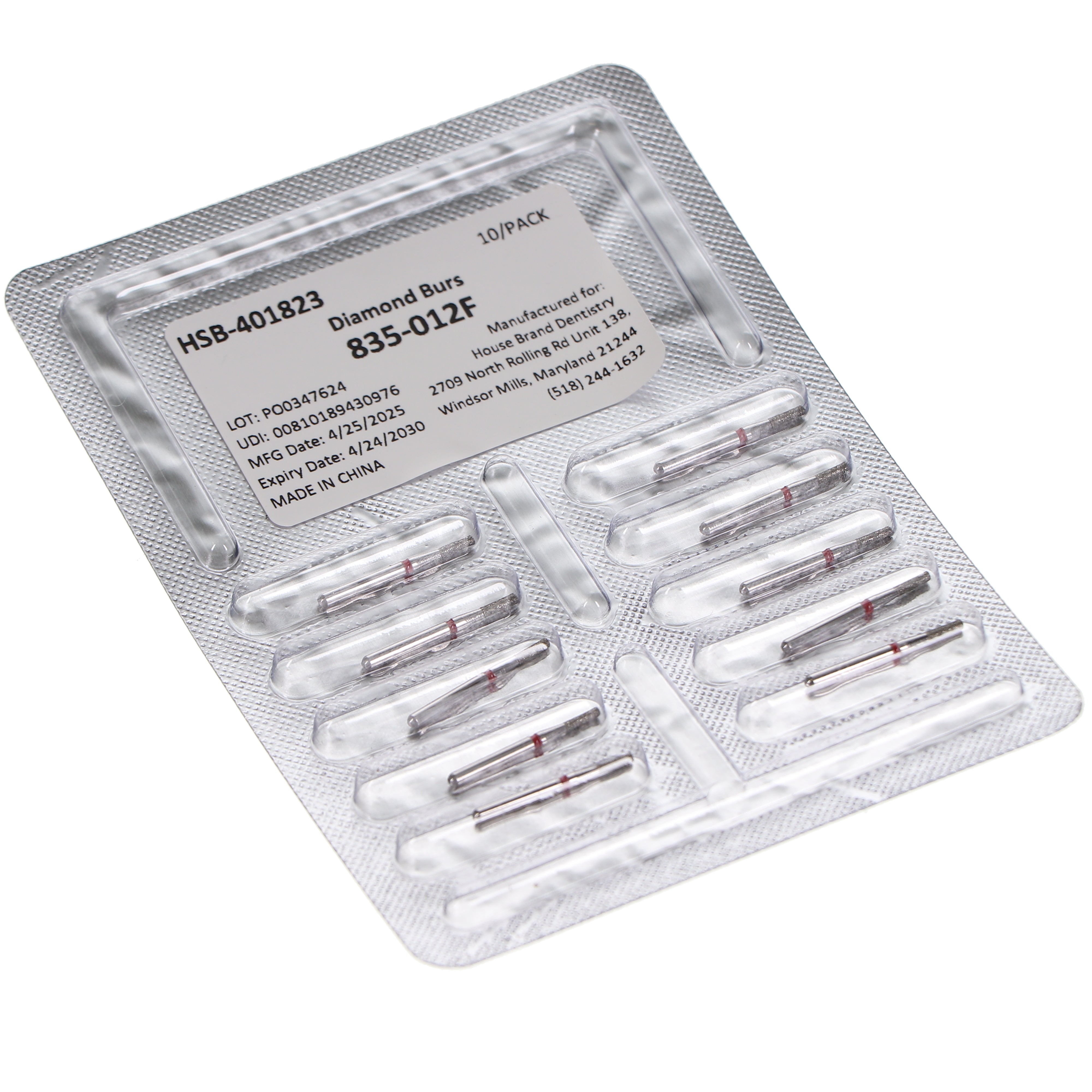 House Brand Dentistry 401823 HSB FG 835-012F Flat End Cylinder Fine Grit Diamond Burs 10/Pk