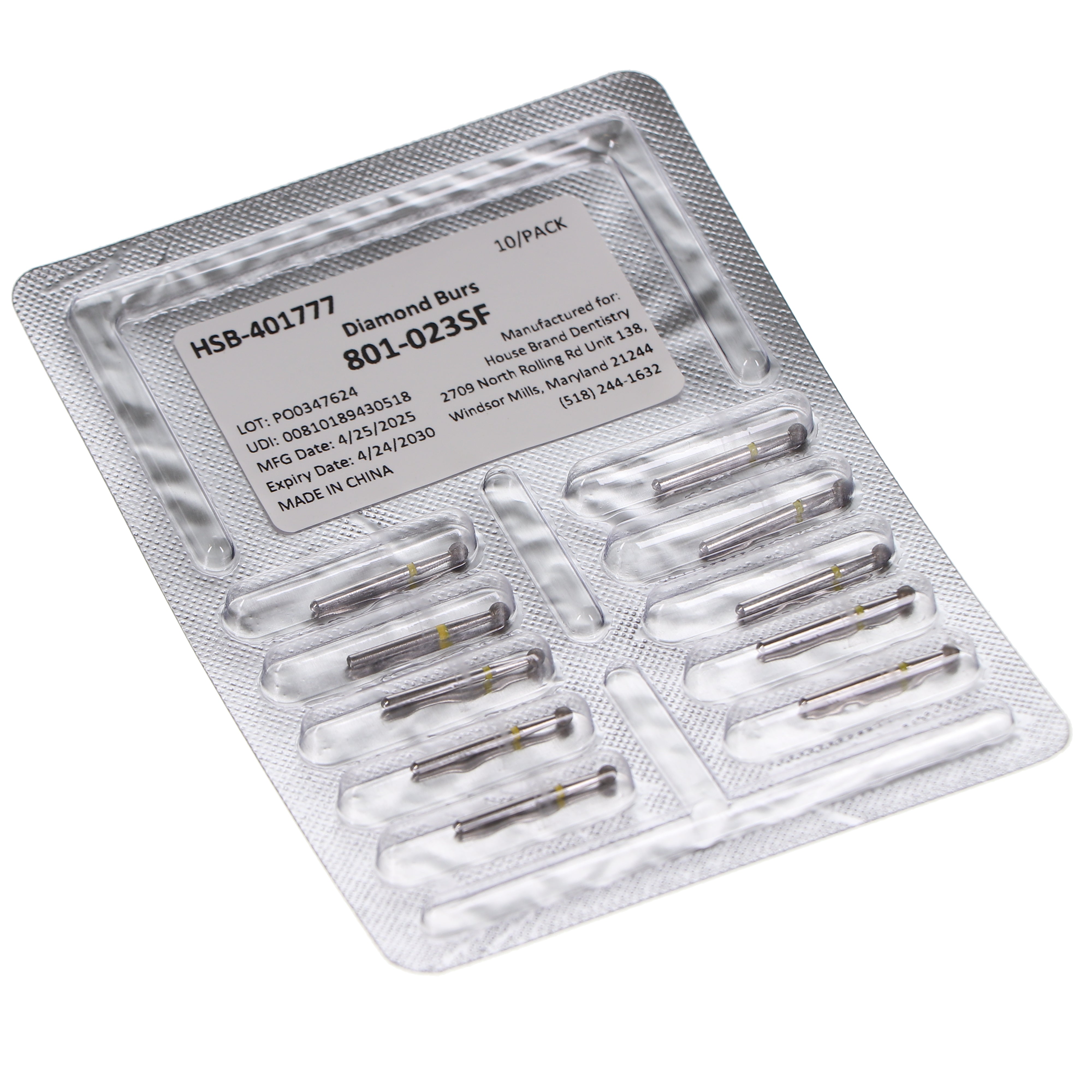 House Brand Dentistry 401777 HSB FG 801-023SF Round Super Fine Grit Diamond Burs 10/Pk