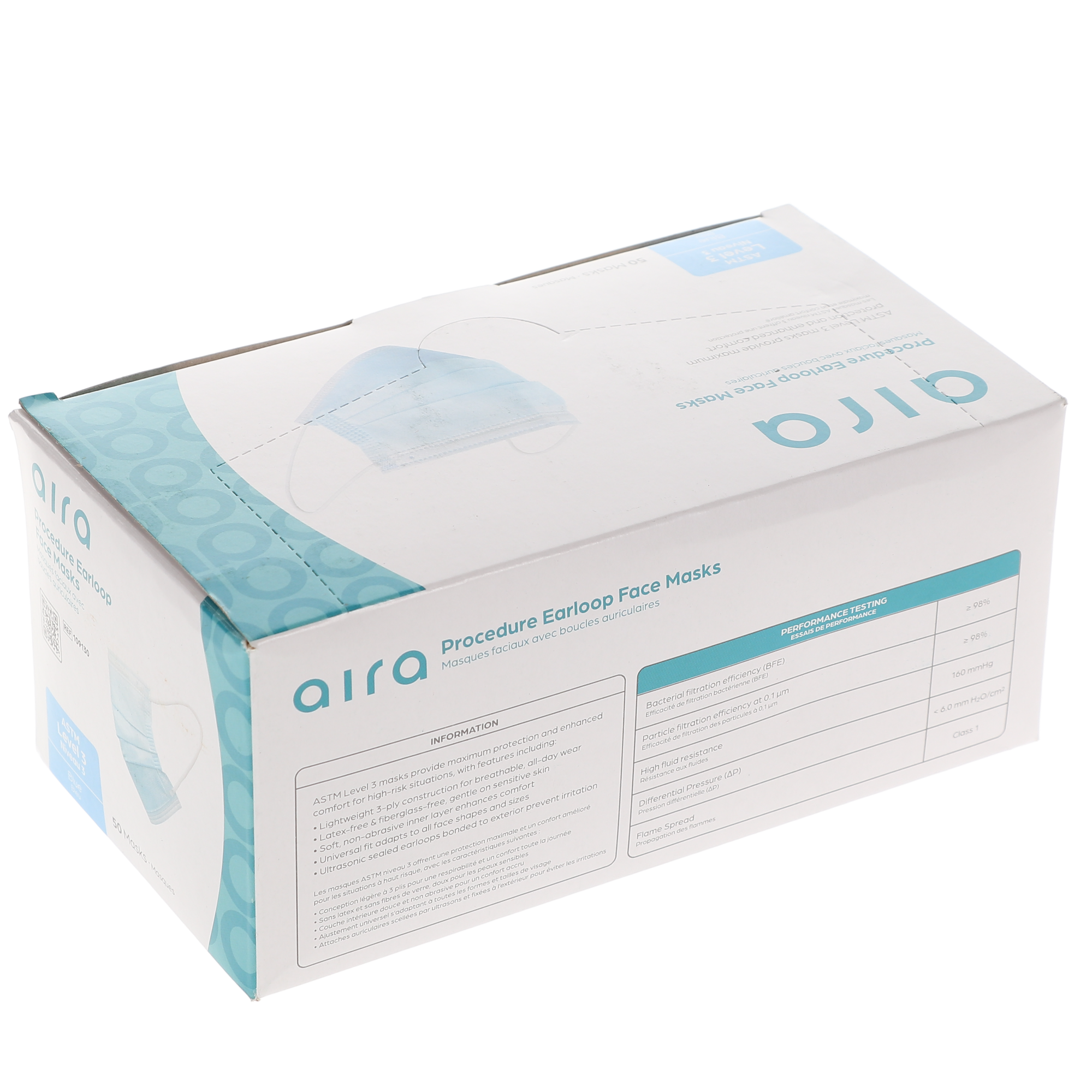 Aira 109130, ASTM Level 3 Procedure Earloop Face Masks, 3-Ply Disposable Masks with 98% BFE, Comfortable & Breathable Design, Blue, 50/bx