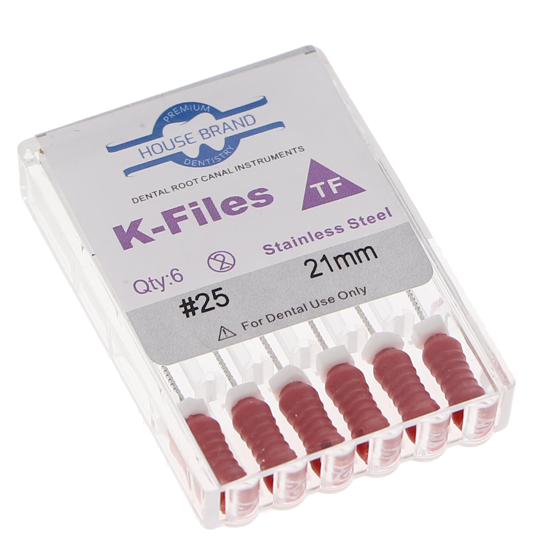 House Brand Dentistry 400205 HSB K-Files Flex-Type 21mm #25 Red Stainless Steel 6/Pk