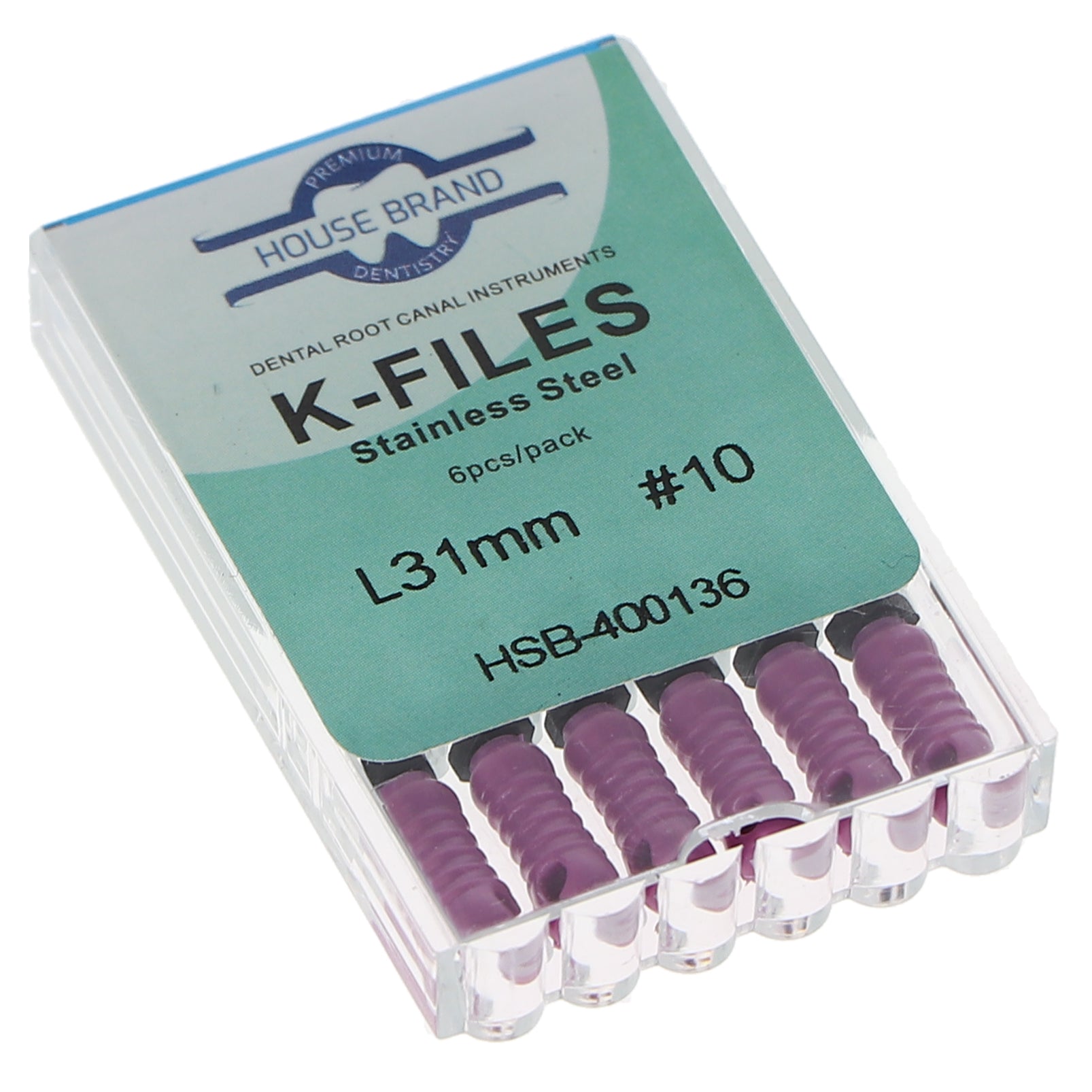 House Brand Dentistry 400136 HSB Endodontic K-Files 31mm #10 Purple Stainless Steel 6/Pk