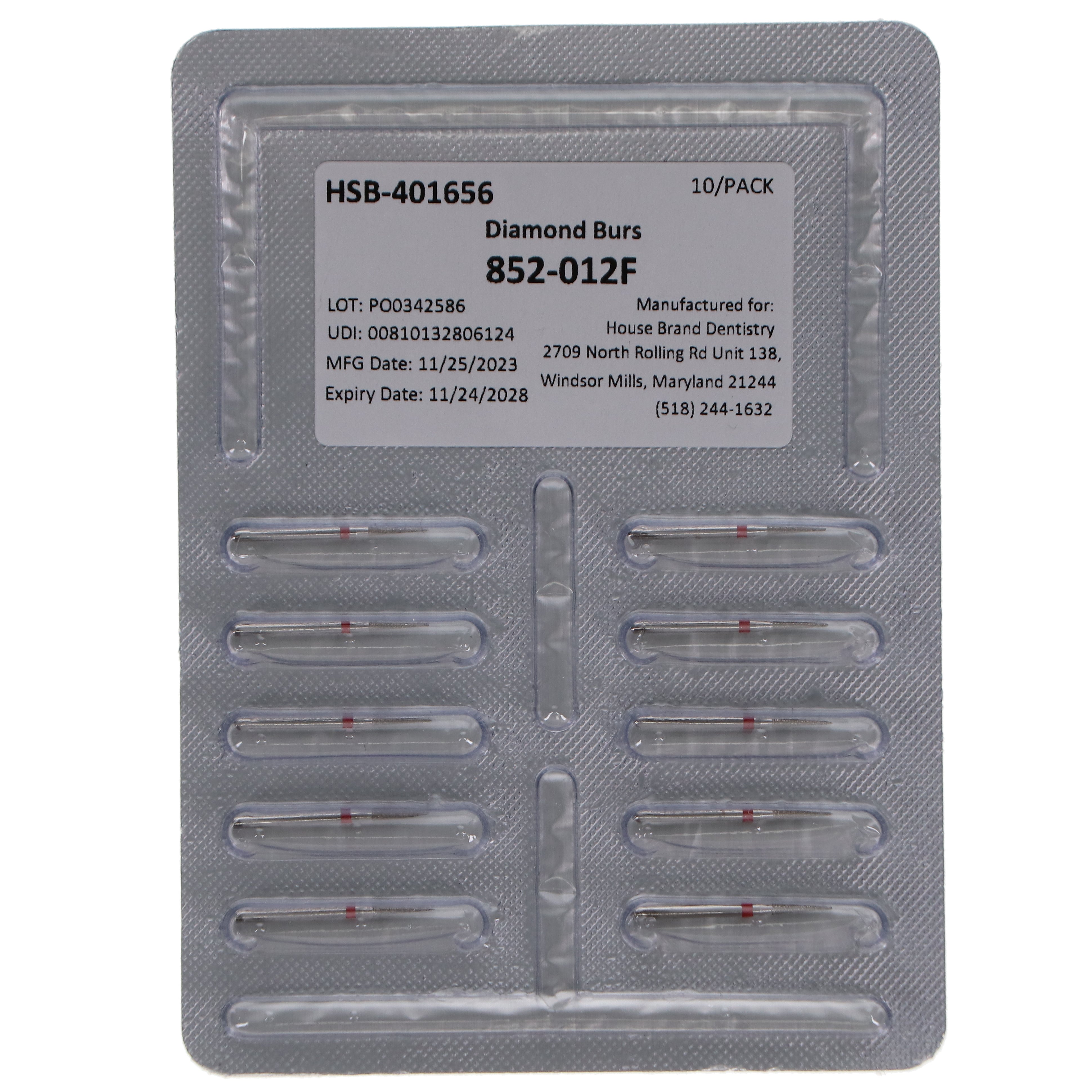 House Brand Dentistry 401656 HSB FG 852-012F Christmas Fine Grit Diamond Burs 10/Pk