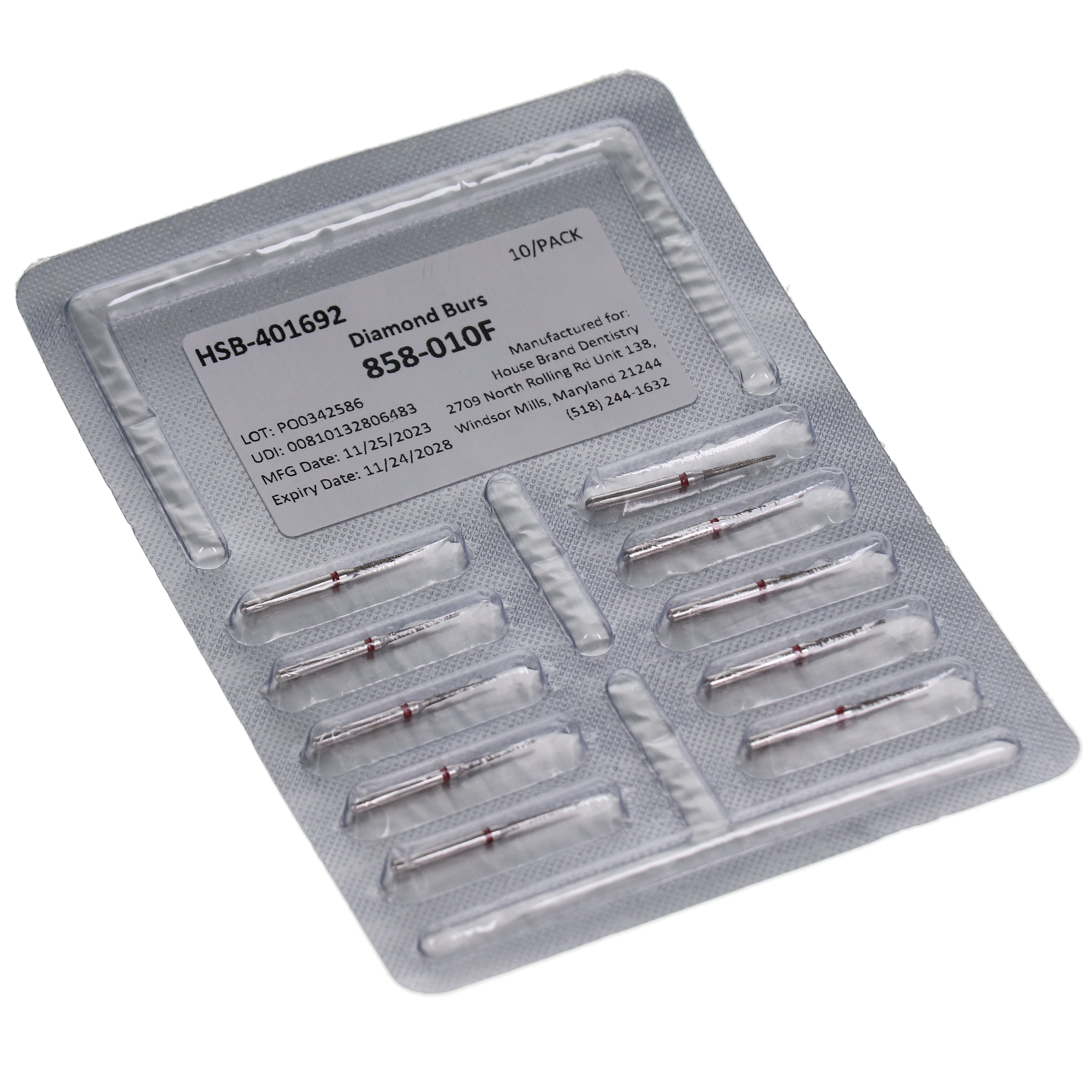 House Brand Dentistry 401692 FG 858-010F Needle Fine Grit Diamond Burs 10/Pk