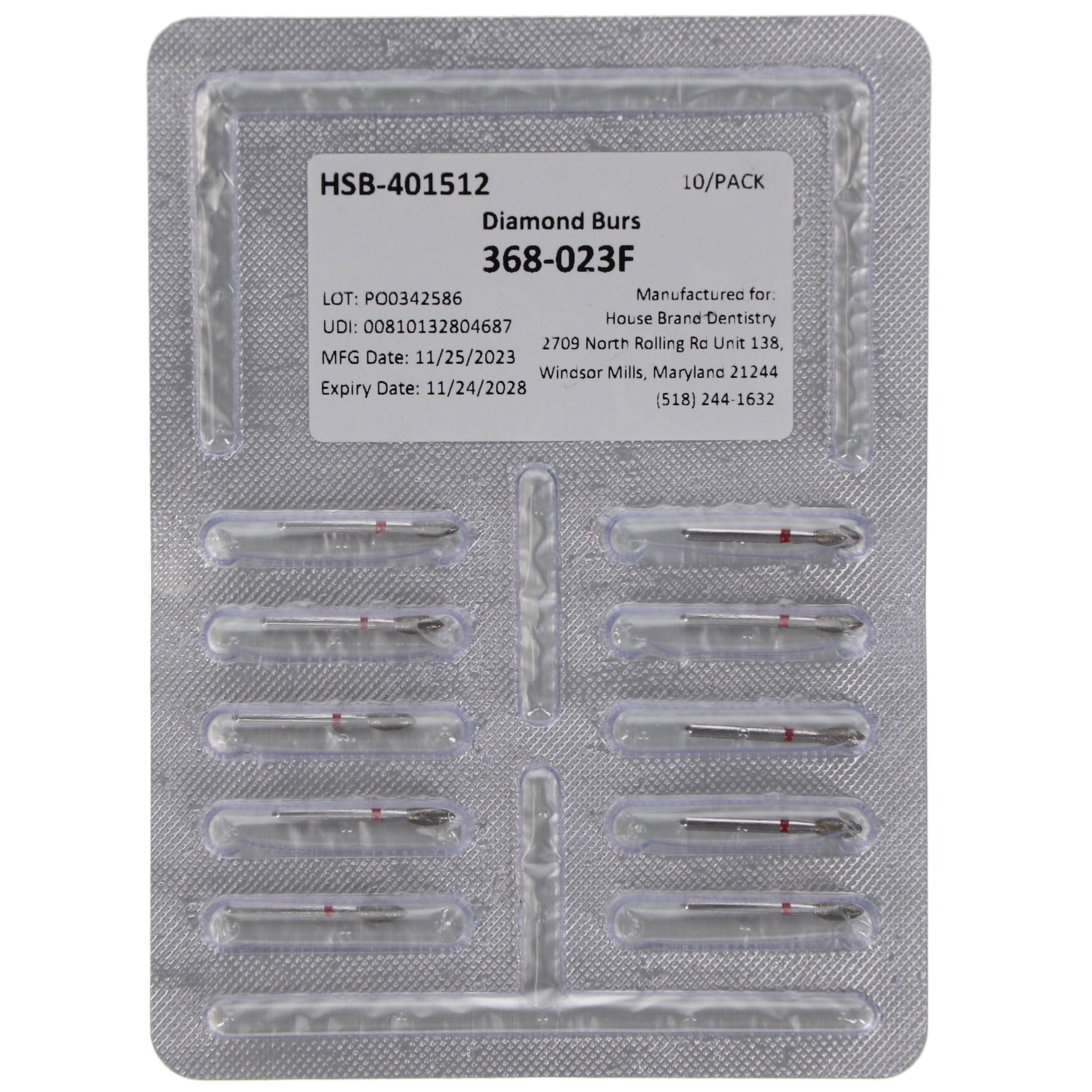 House Brand Dentistry 401512 HSB 368-023F Football Fine Grit Diamond Burs 10/Pk