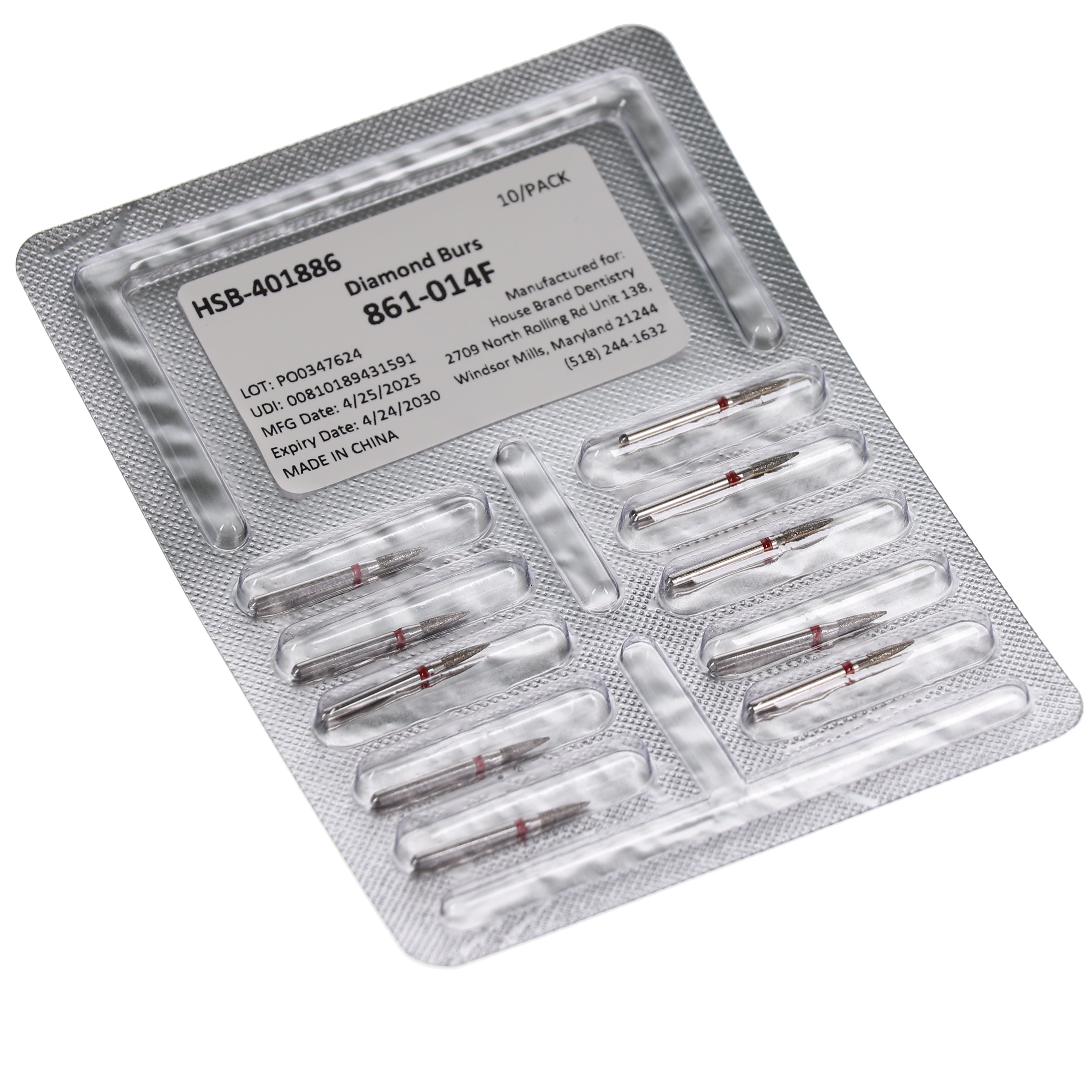 House Brand Dentistry 401886 HSB FG 861-014F Flame Fine Grit Diamond Burs 10/Pk