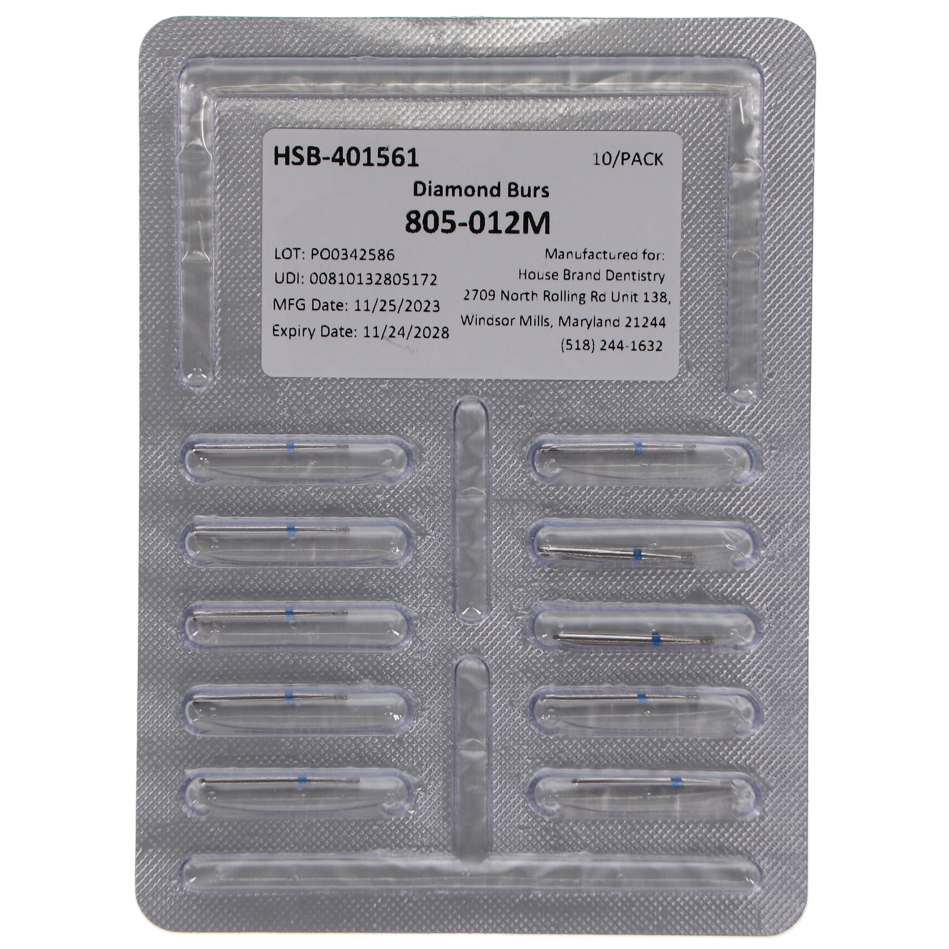 House Brand Dentistry 401561 HSB FG 805-012M Inverted Cone Medium Grit Diamond Burs 10/Pk