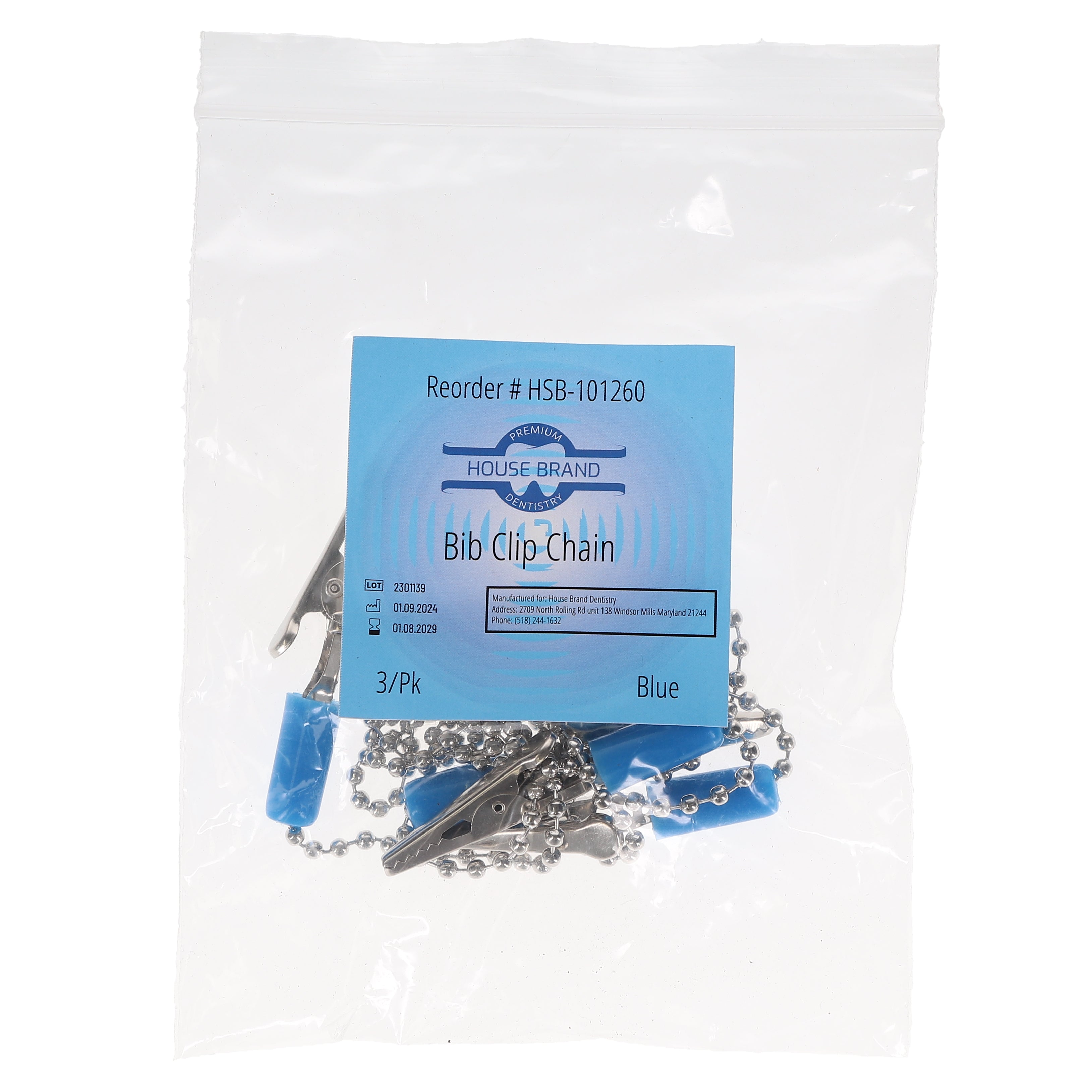 House Brand Dentistry 101260 HSB Dental Patient Bib Clips Chain Blue 3/Pk