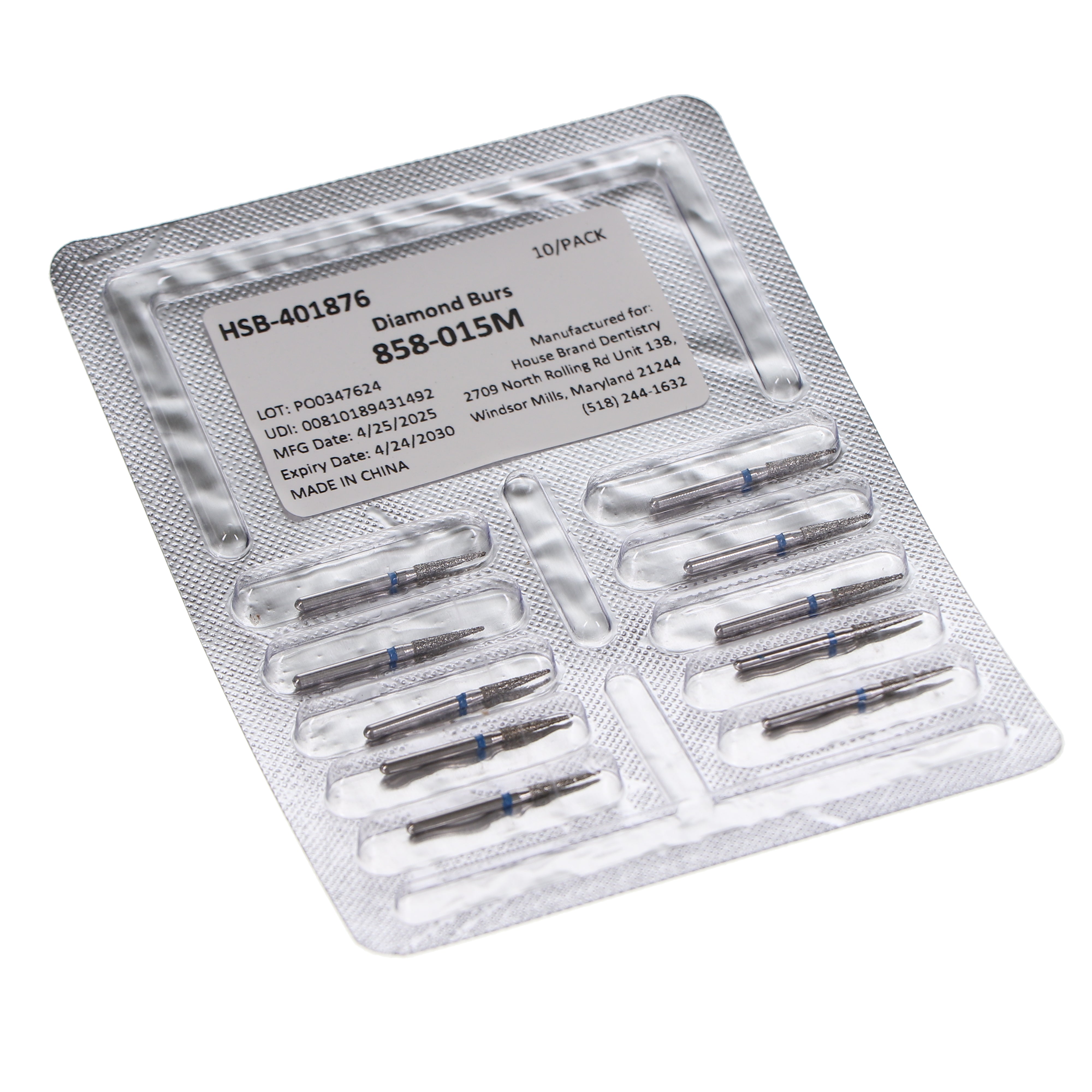 House Brand Dentistry 401876 HSB FG 858-015M Needle Medium Grit Diamond Burs 10/Pk