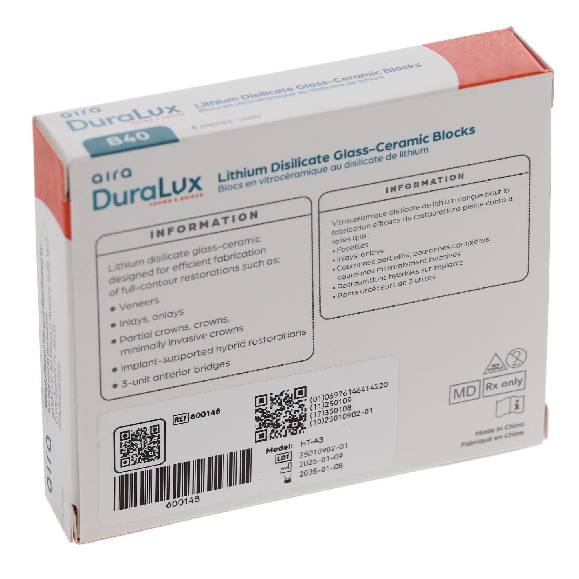 Aira 600148 DuraLux IPS e.max Type Blocks CAD inLab HT A3 B40 4/Pk