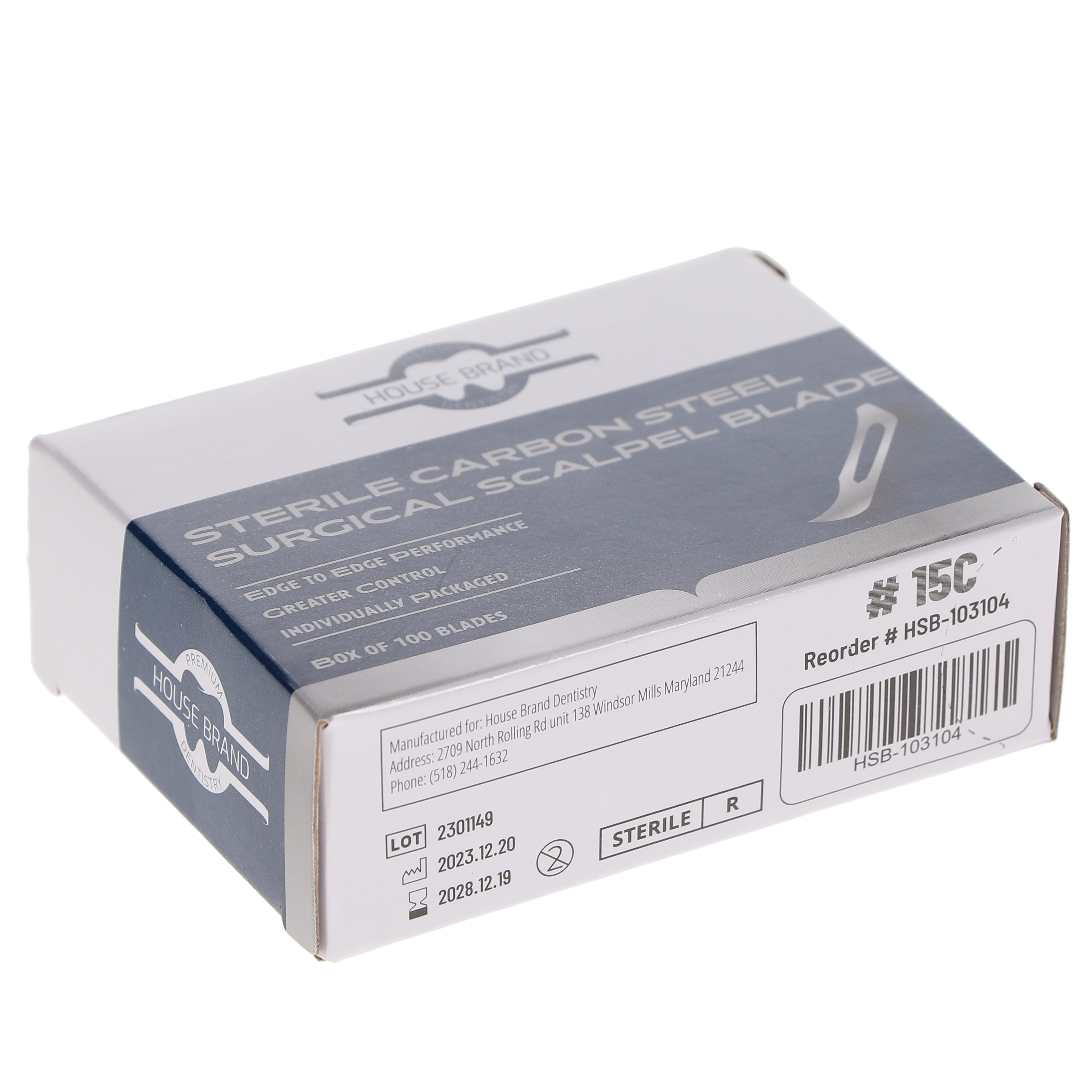House Brand Dentistry 103104 HSB #15C Sterile Carbon Steel Surgical Scalpel Blades 100/Pk
