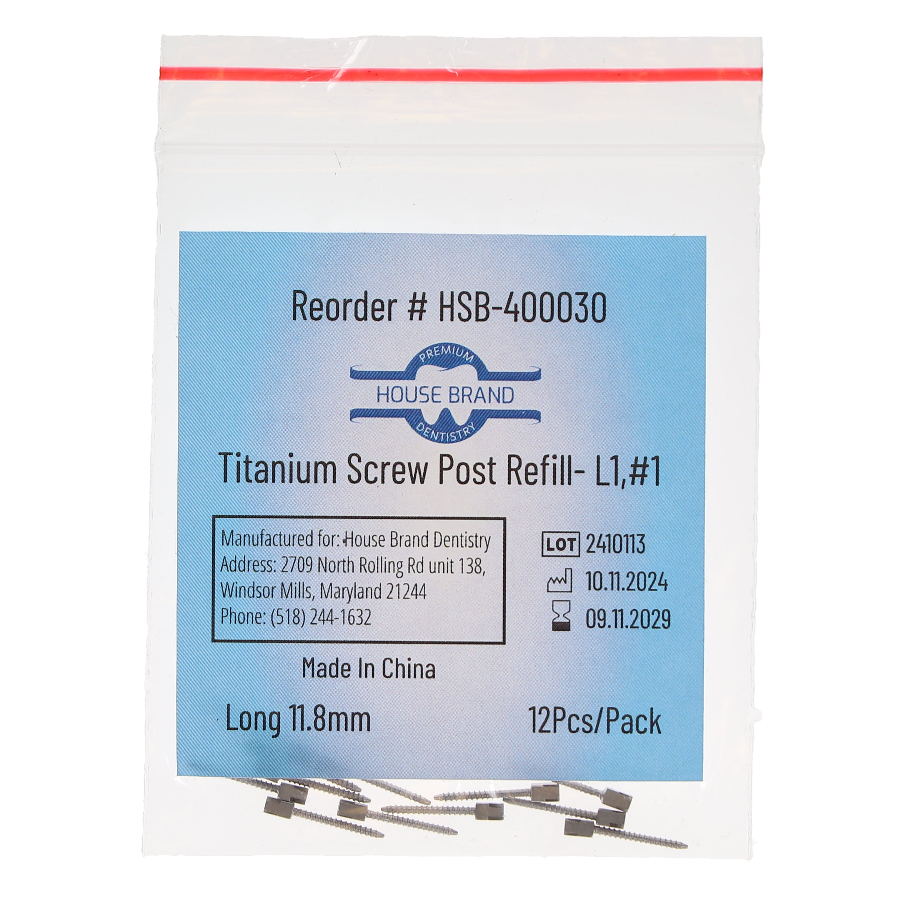 House Brand Dentistry 400030 HSB Titanium Screw Posts L1 #1 Long 11.8mm 12/Pk