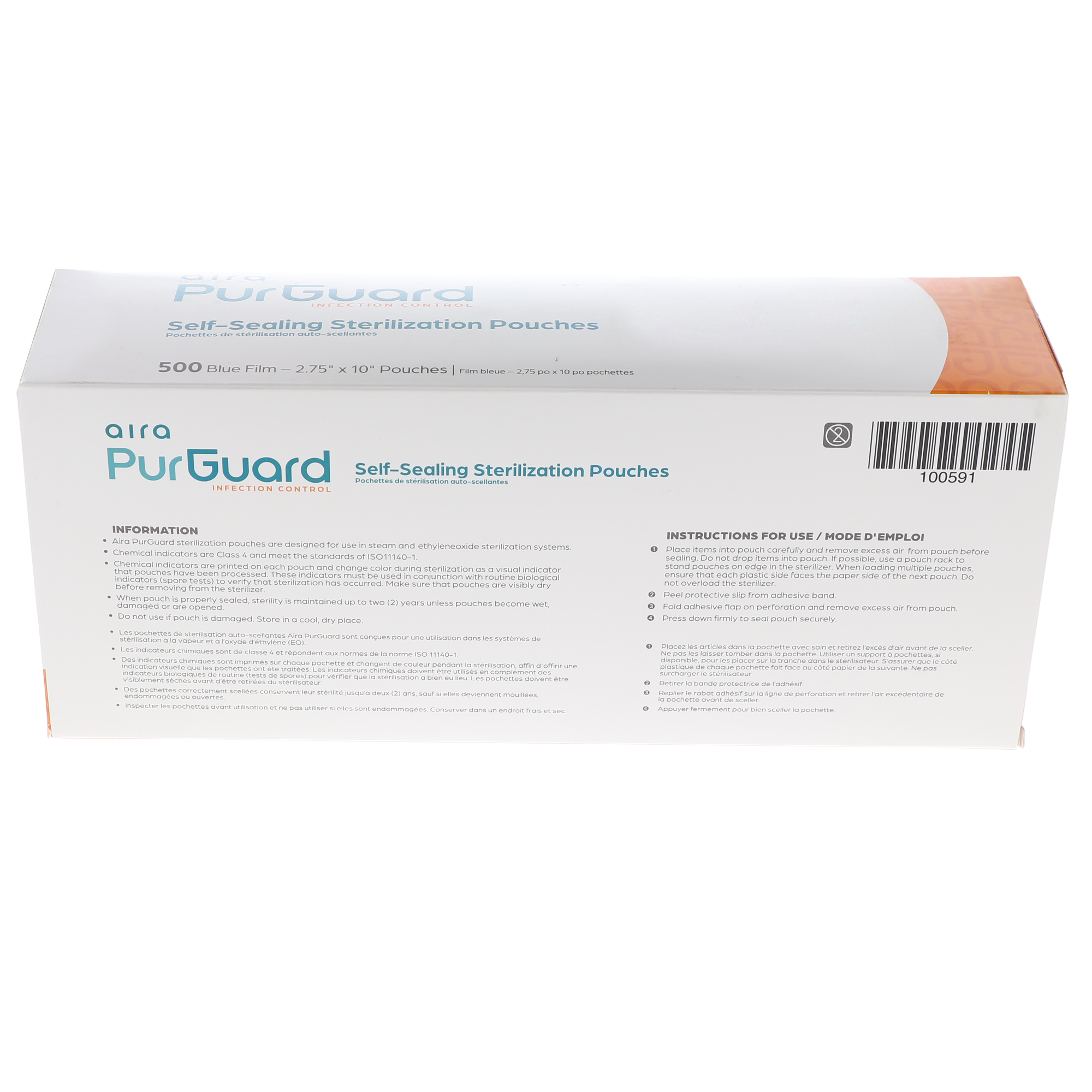 Aira 100591 PurGuard Sterilization Pouch, Class 4, Self-Sealing, Blue Film, 2.75