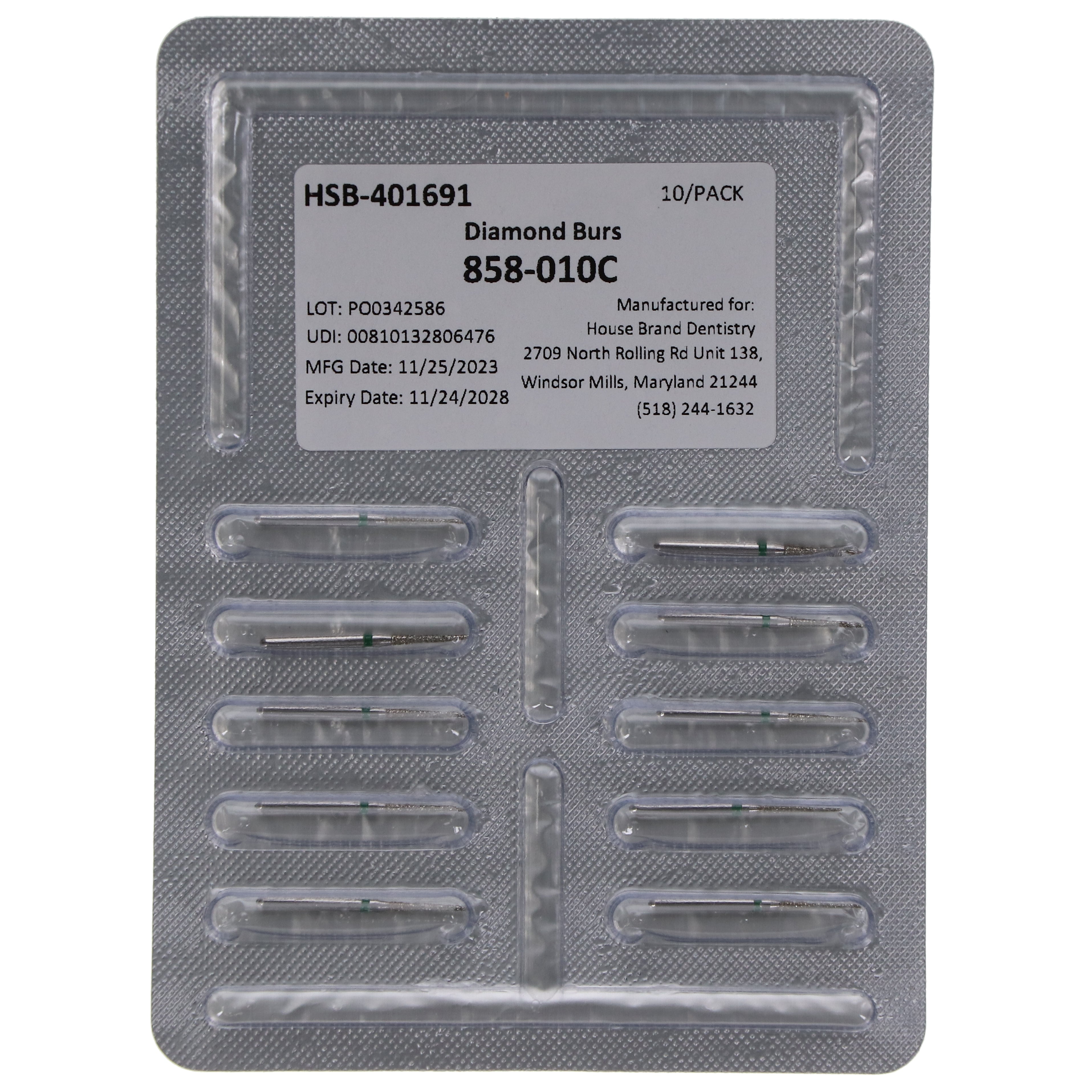 House Brand Dentistry 401691 FG 858-010C Needle Coarse Grit Diamond Burs 10/Pk