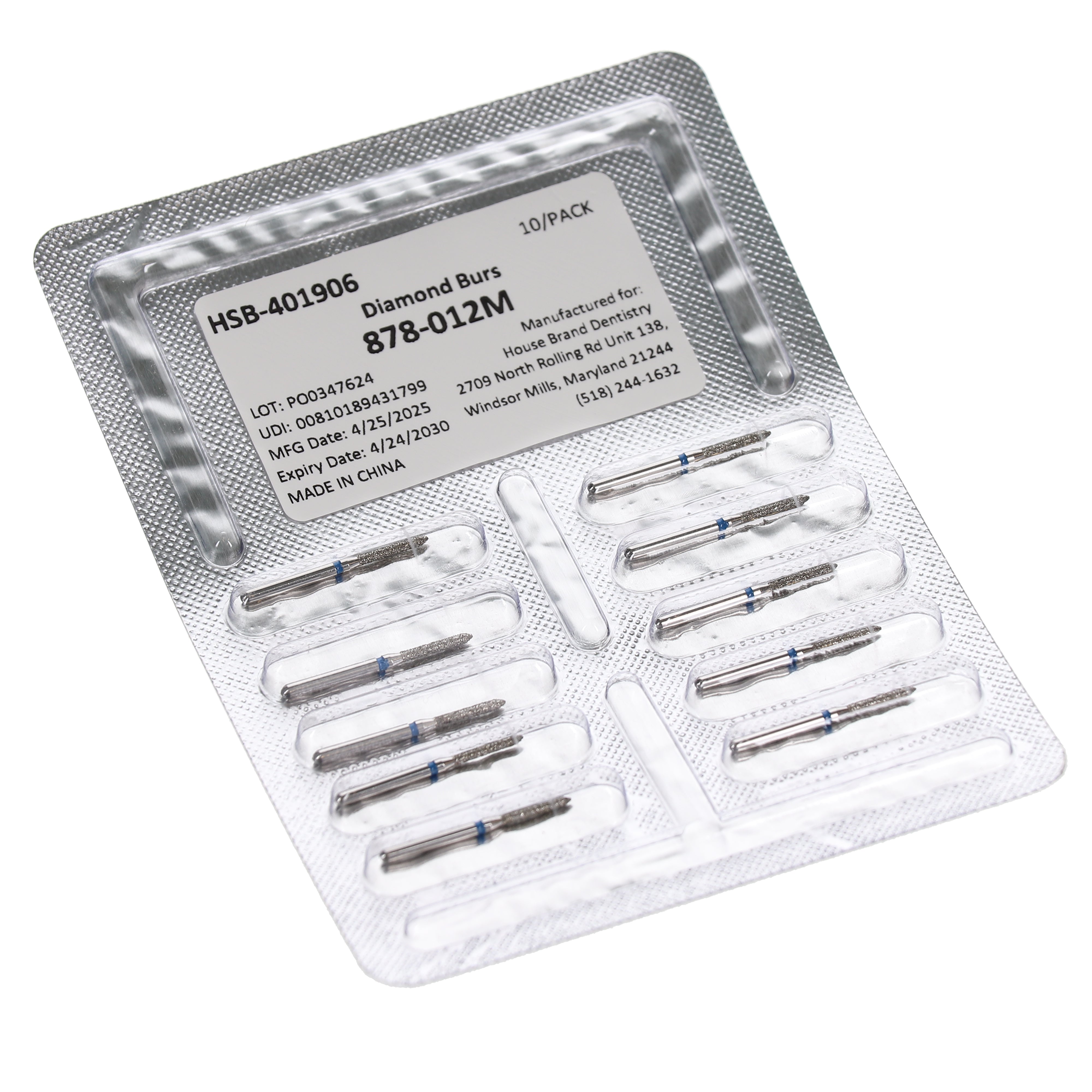 House Brand Dentistry 401906 HSB FG 878-012M Beveled Cylinder Medium Grit Diamond Burs 10/Pk
