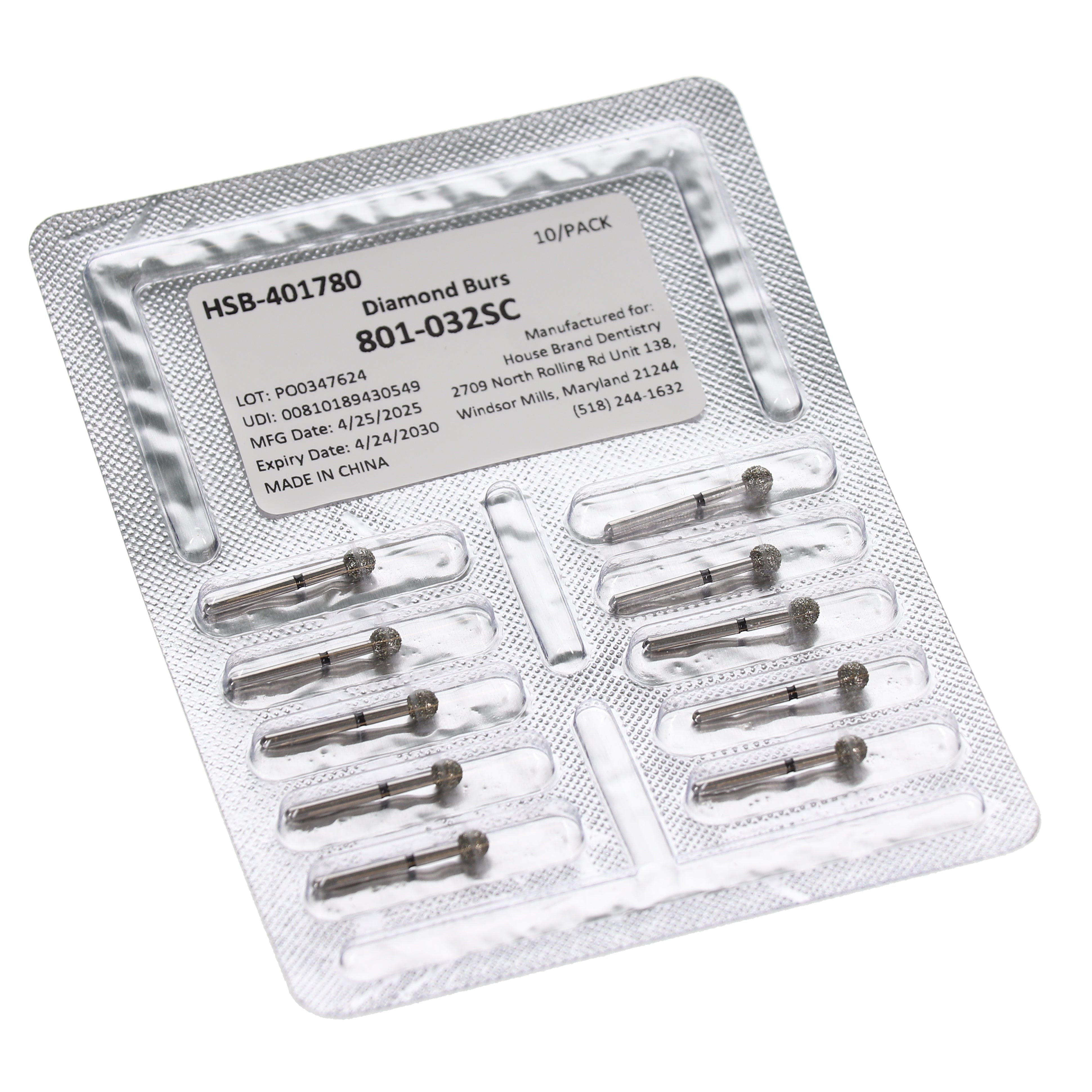 House Brand Dentistry 401780 HSB FG 801-032SC Round Super Coarse Grit Diamond Burs 10/Pk