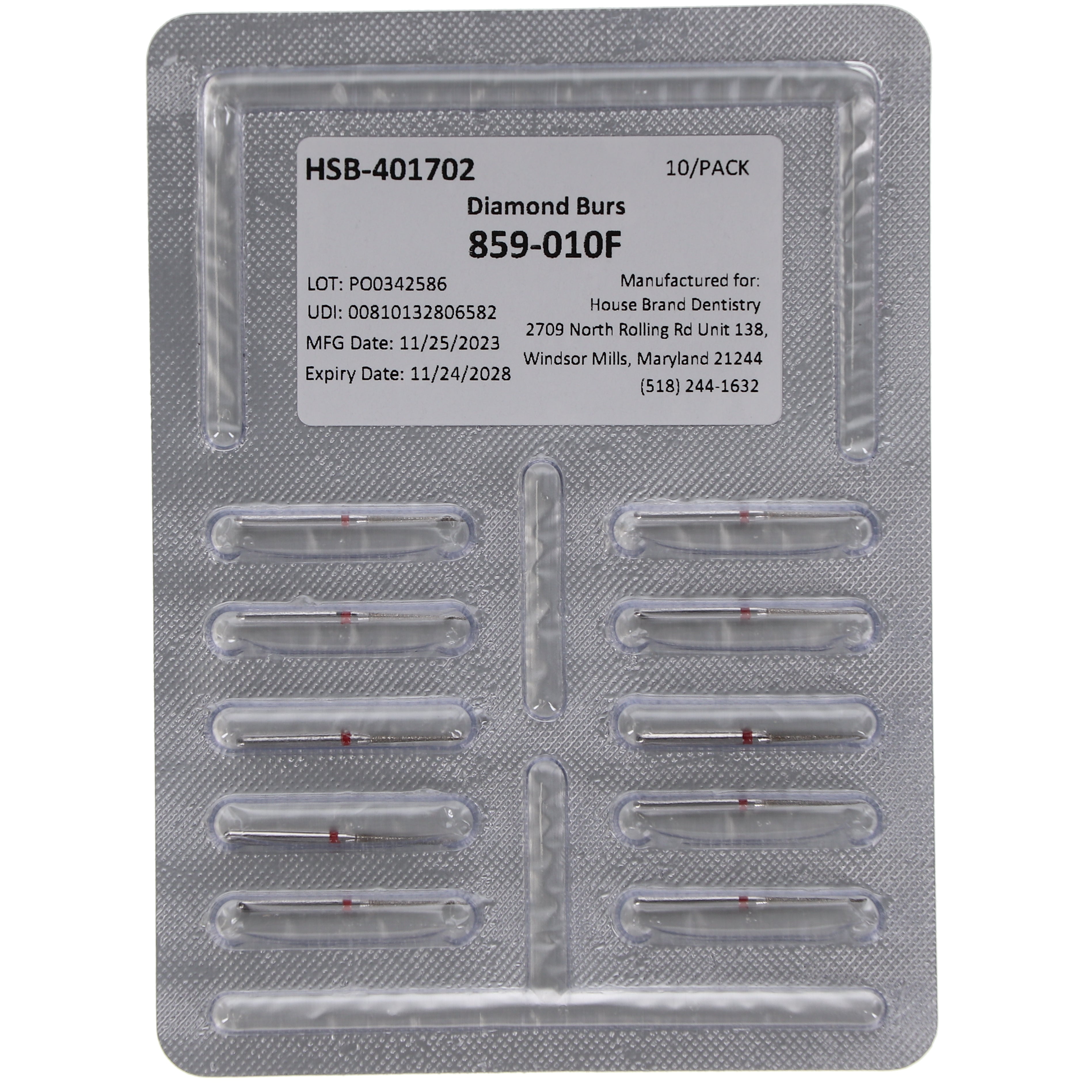 House Brand Dentistry 401702 HSB FG 859-010F Needle Fine Grit Diamond Burs 10/Pk