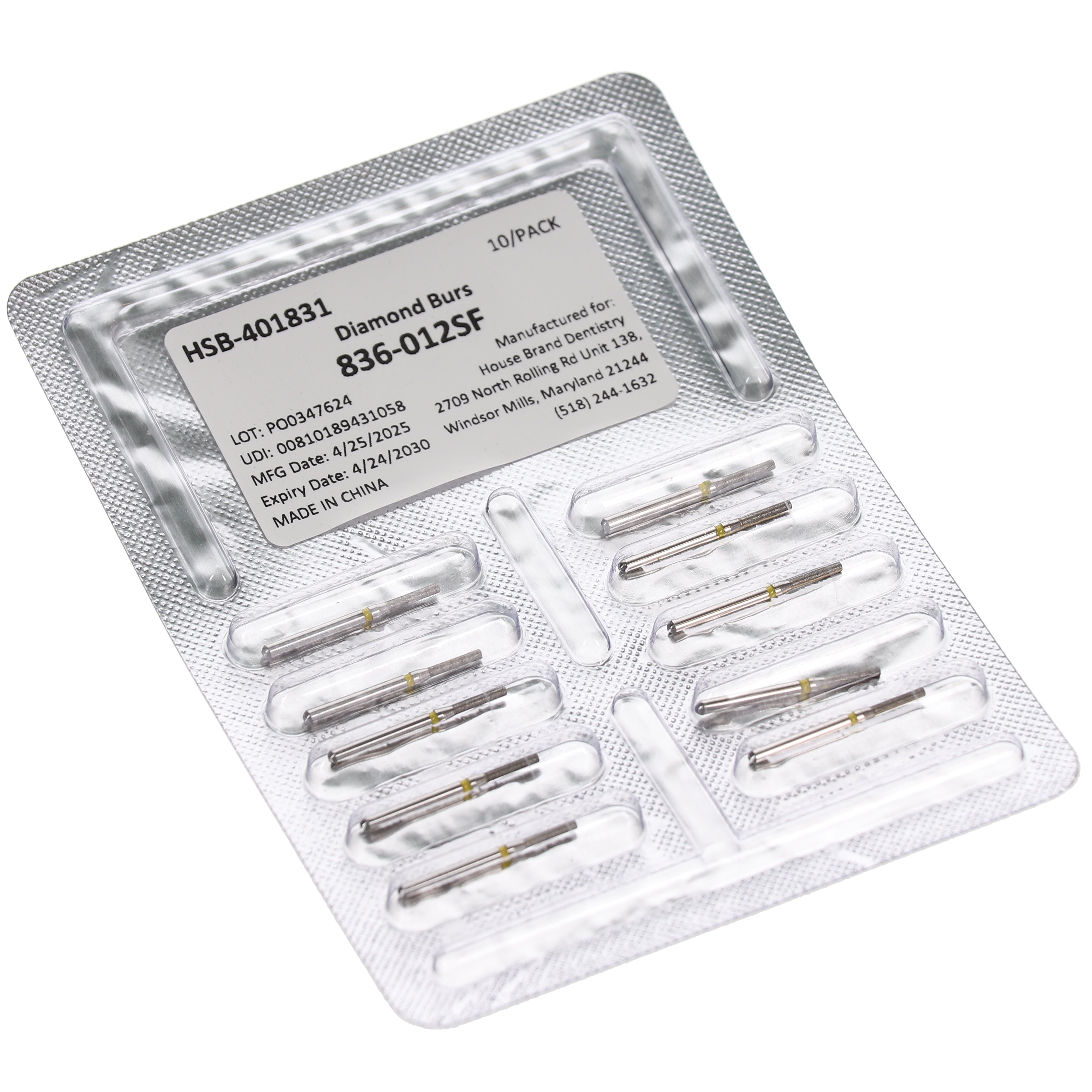 House Brand Dentistry 401831 HSB FG 836-012SF Flat End Cylinder Super Fine Grit Diamond Burs 10/Pk