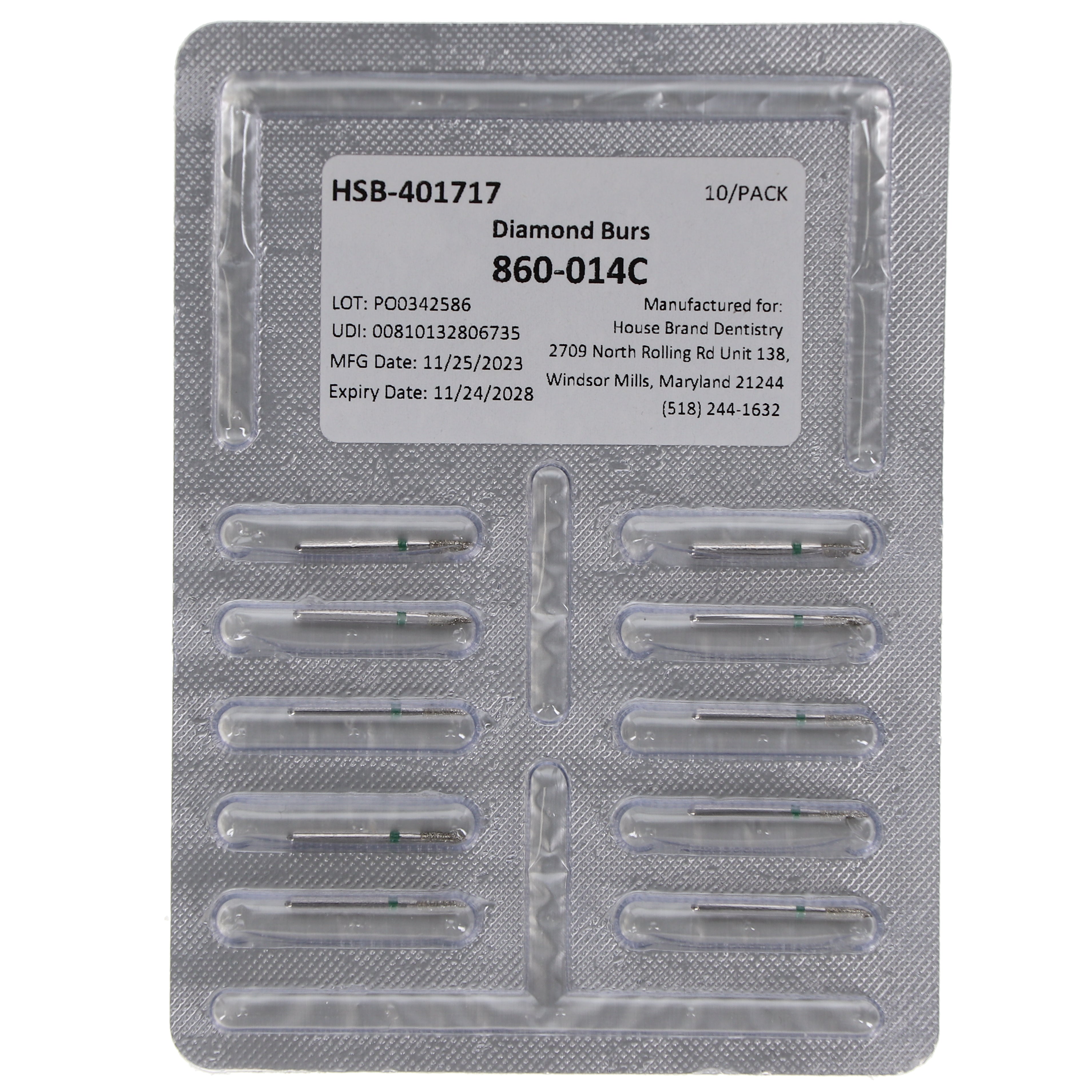 House Brand Dentistry 401717 HSB FG 860-014C Flame Coarse Grit Diamond Burs 10/Pk