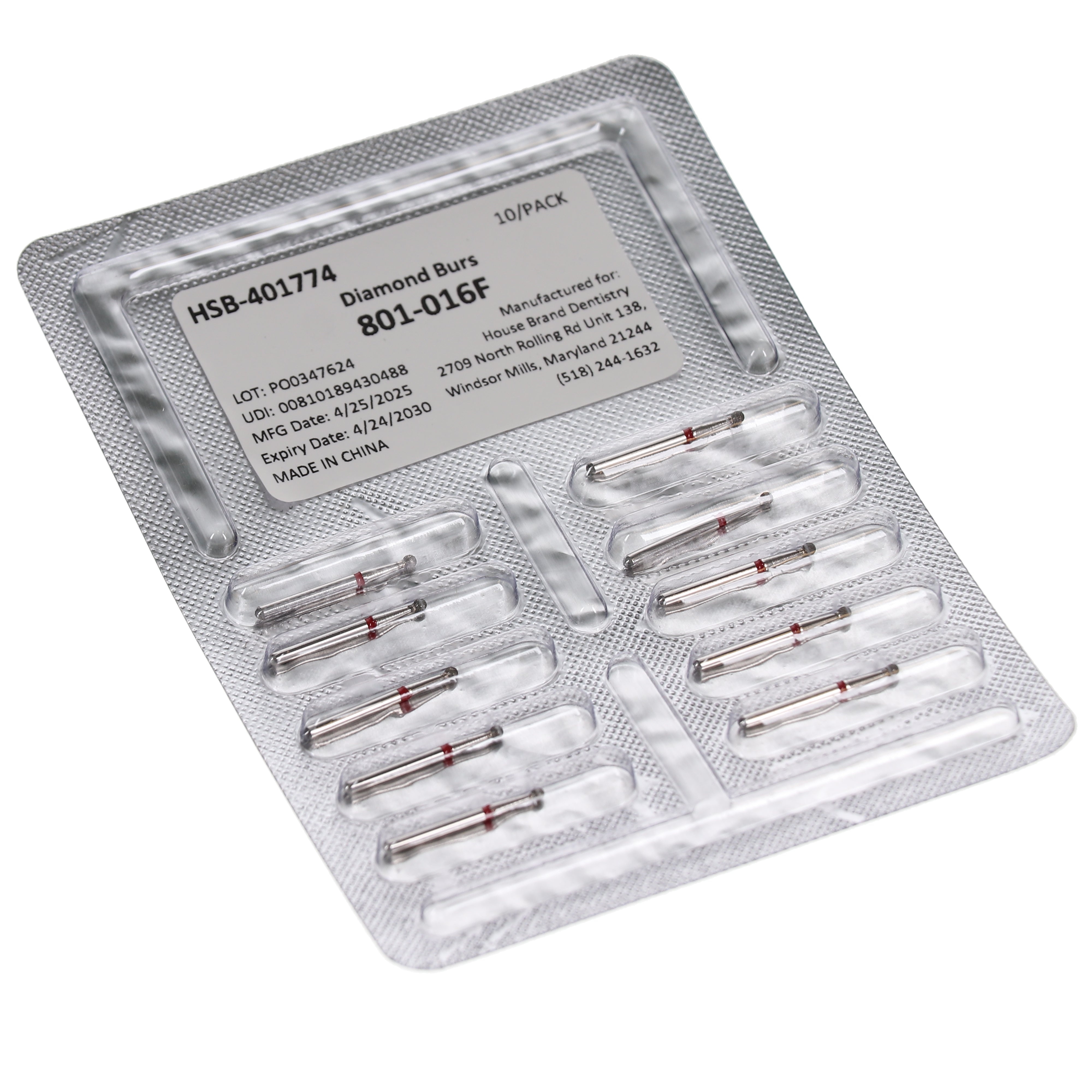 House Brand Dentistry 401774 HSB FG 801-016F Round Fine Grit Diamond Burs 10/Pk