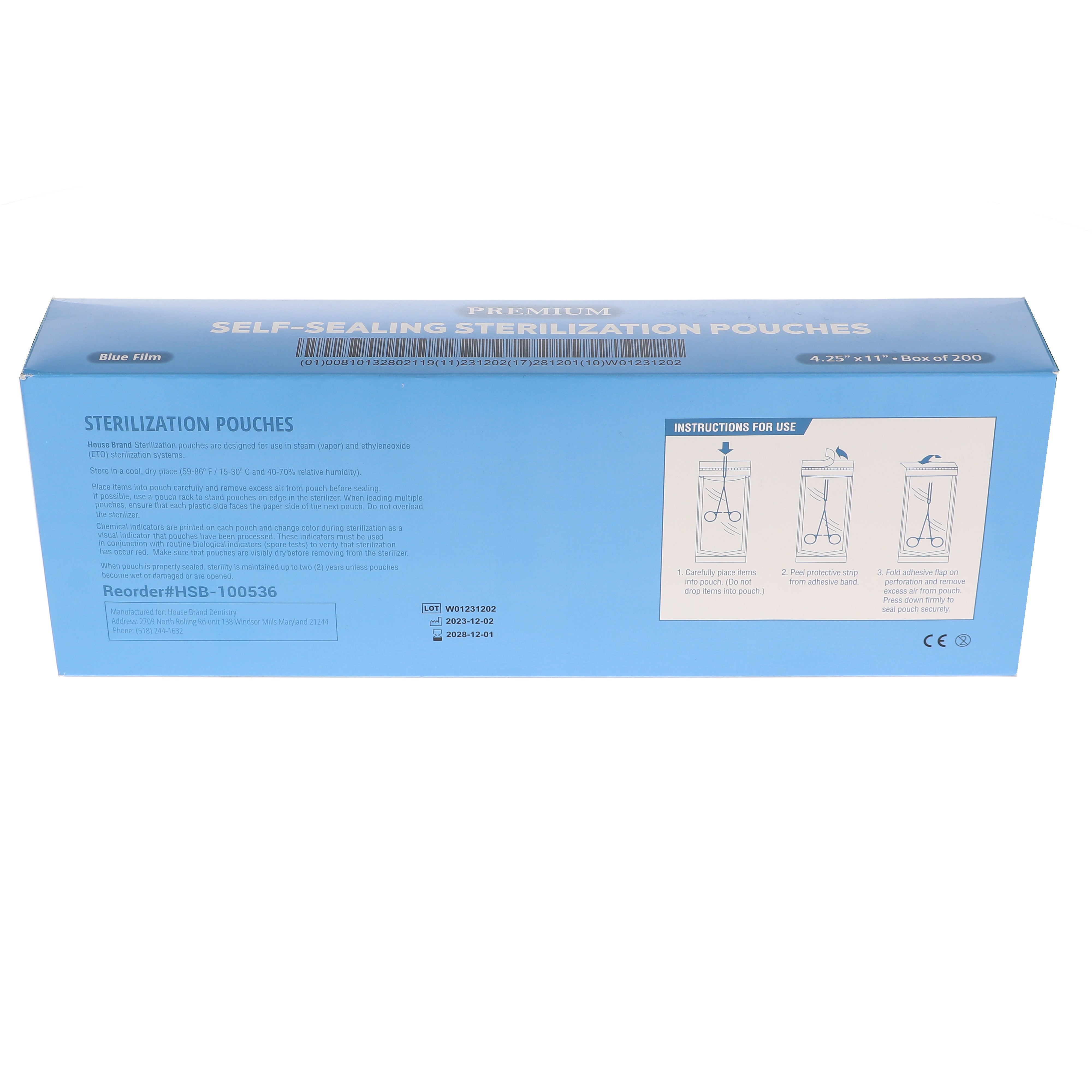 House Brand Dentistry 100536 HSB Self-Sealing Sterilization Pouches 4.25