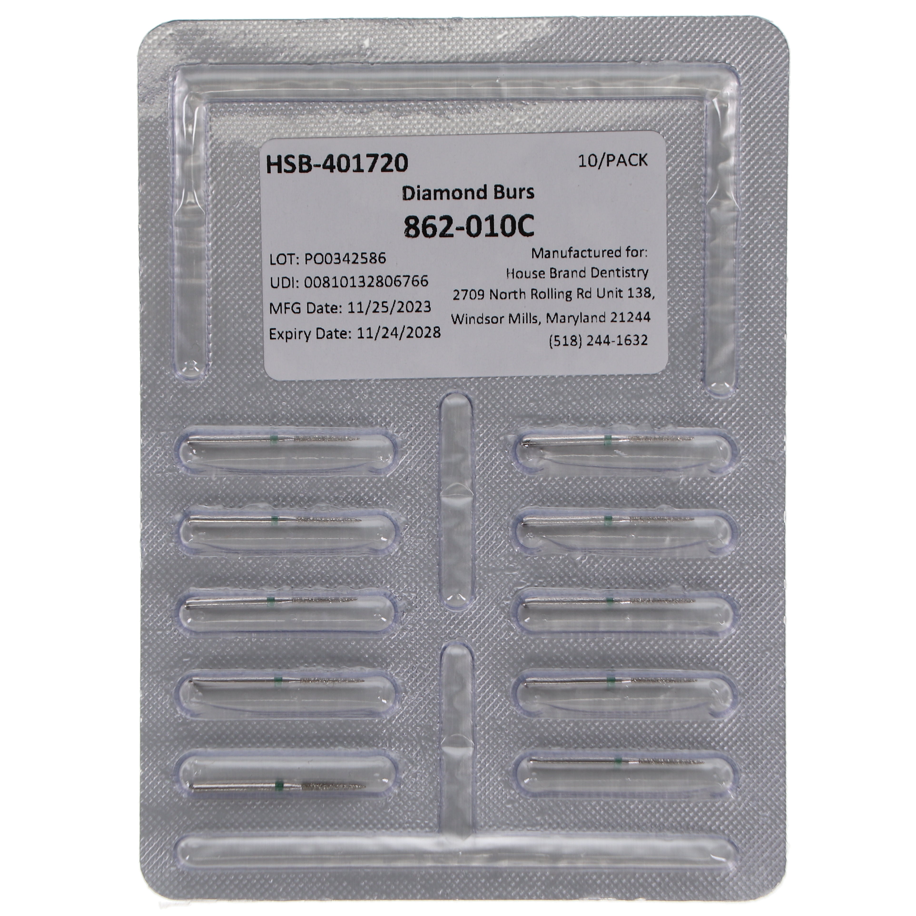 House Brand Dentistry 401720 HSB FG 862-010C Flame Coarse Grit Diamond Burs 10/Pk