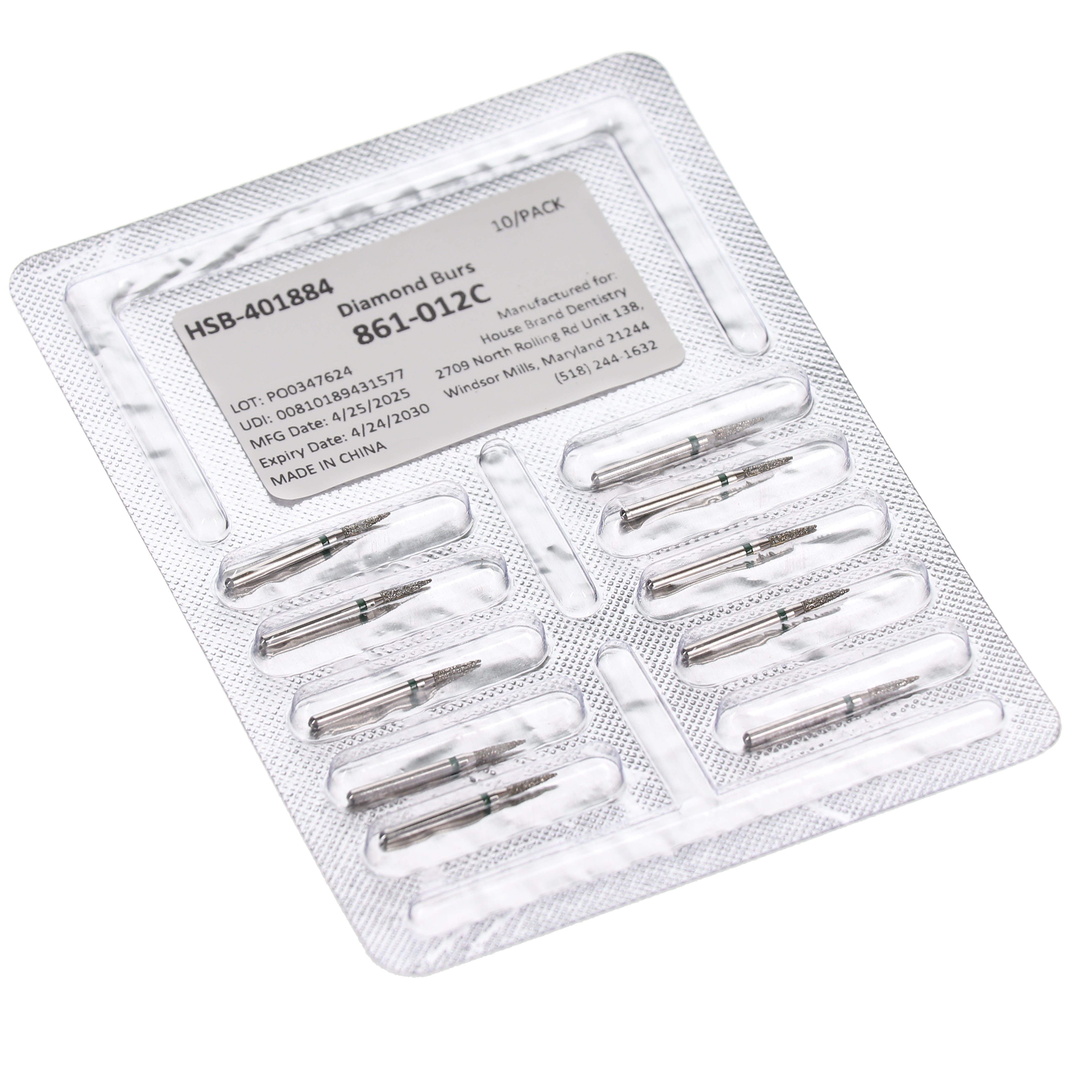 House Brand Dentistry 401884 HSB FG 861-012C Flame Coarse Grit Diamond Burs 10/Pk