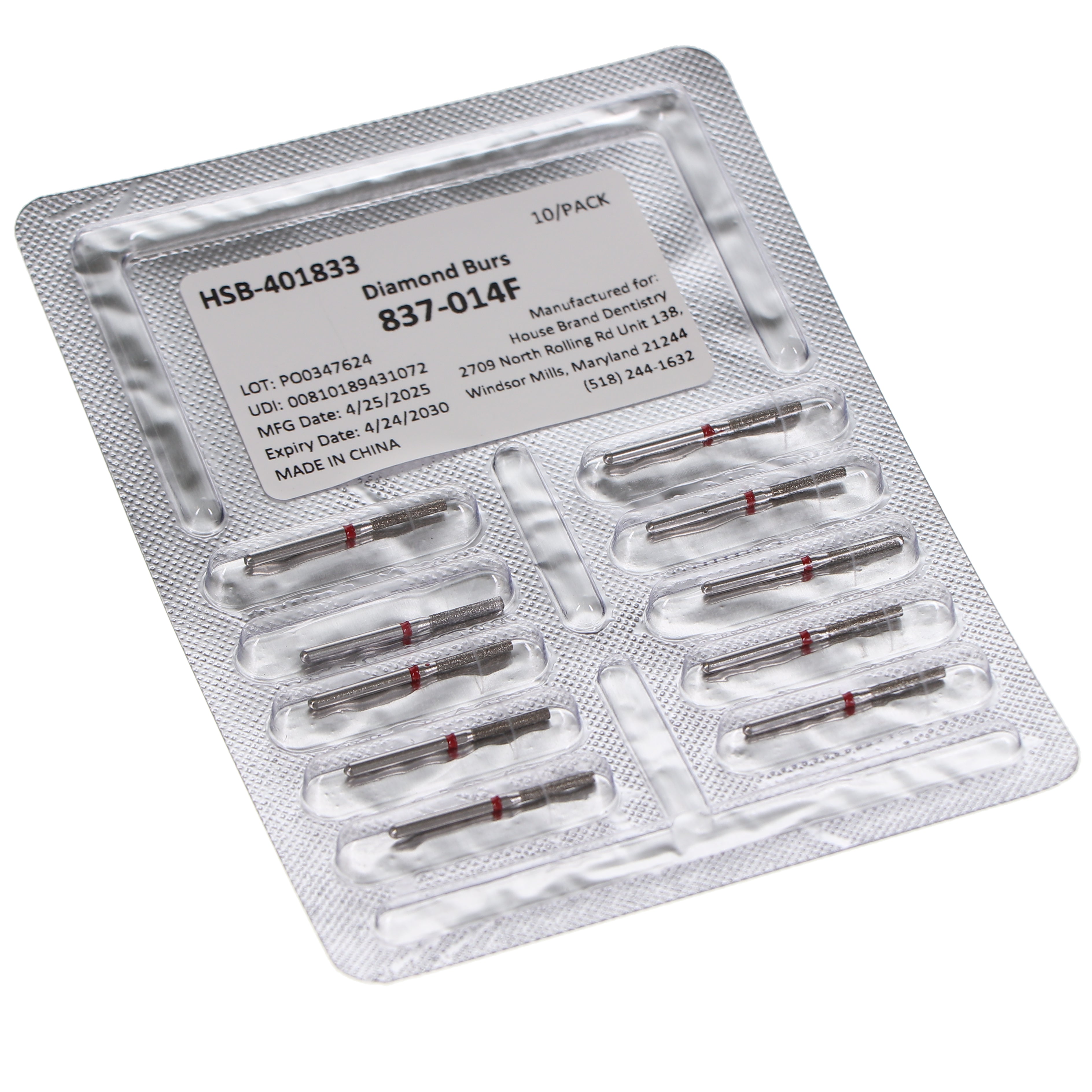 House Brand Dentistry 401833 HSB FG 837-014F Flat End Cylinder Fine Grit Diamond Burs 10/Pk
