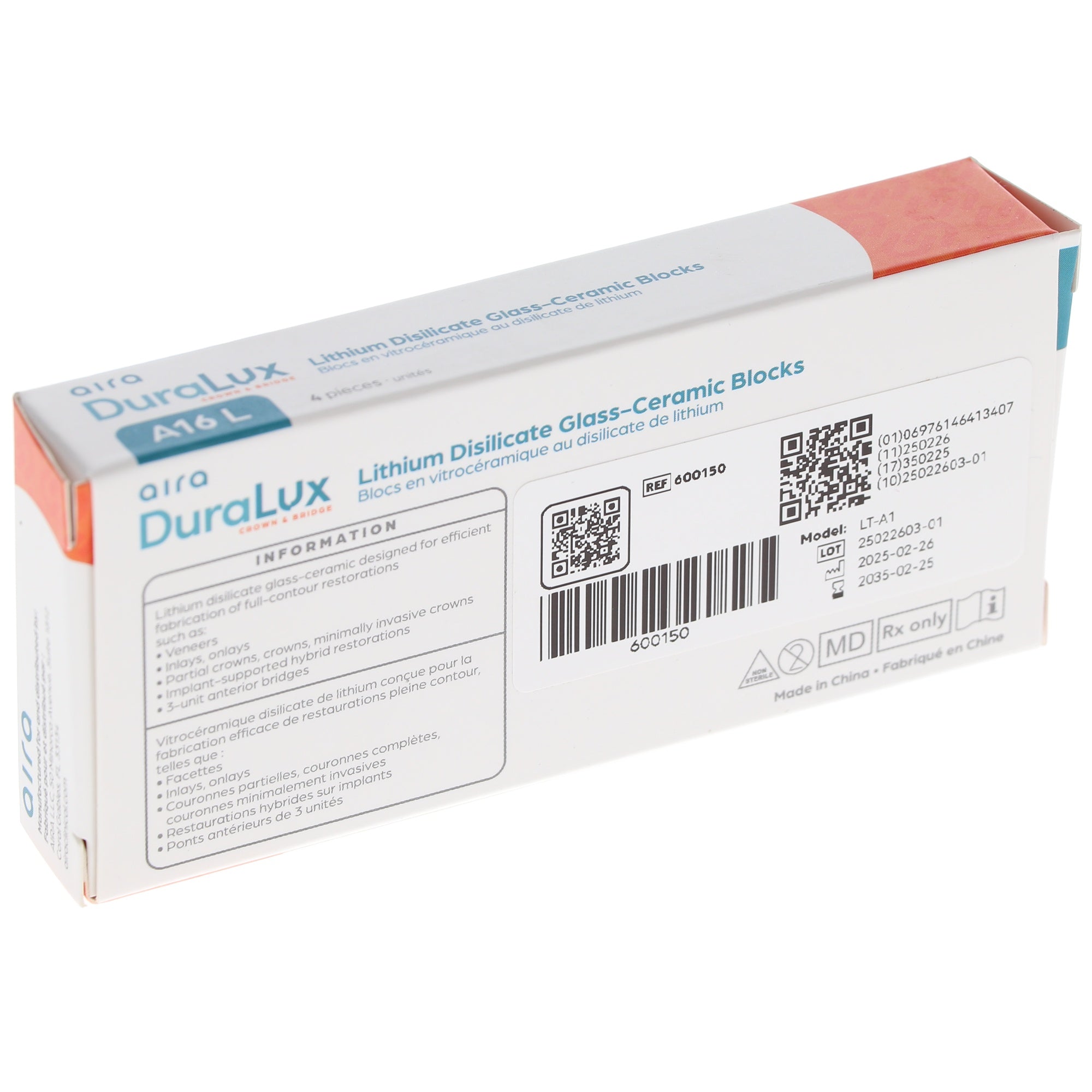 Aira 600150 DuraLux IPS e.max Type Blocks CAD inLab LT A1 A16 L 4/Pk