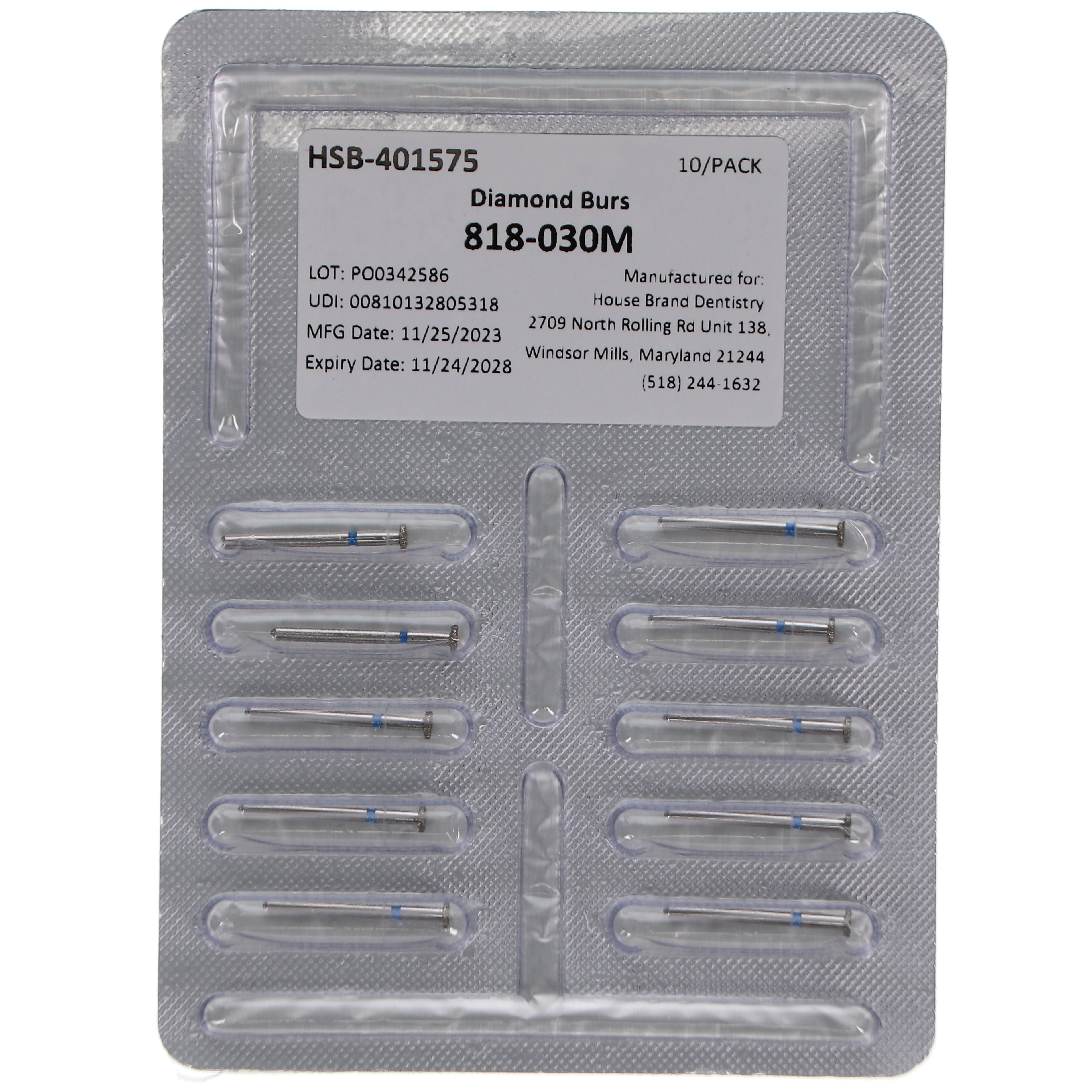 House Brand Dentistry 401575 HSB FG 818-030M Wheel Medium Grit Diamond Burs 10/Pk