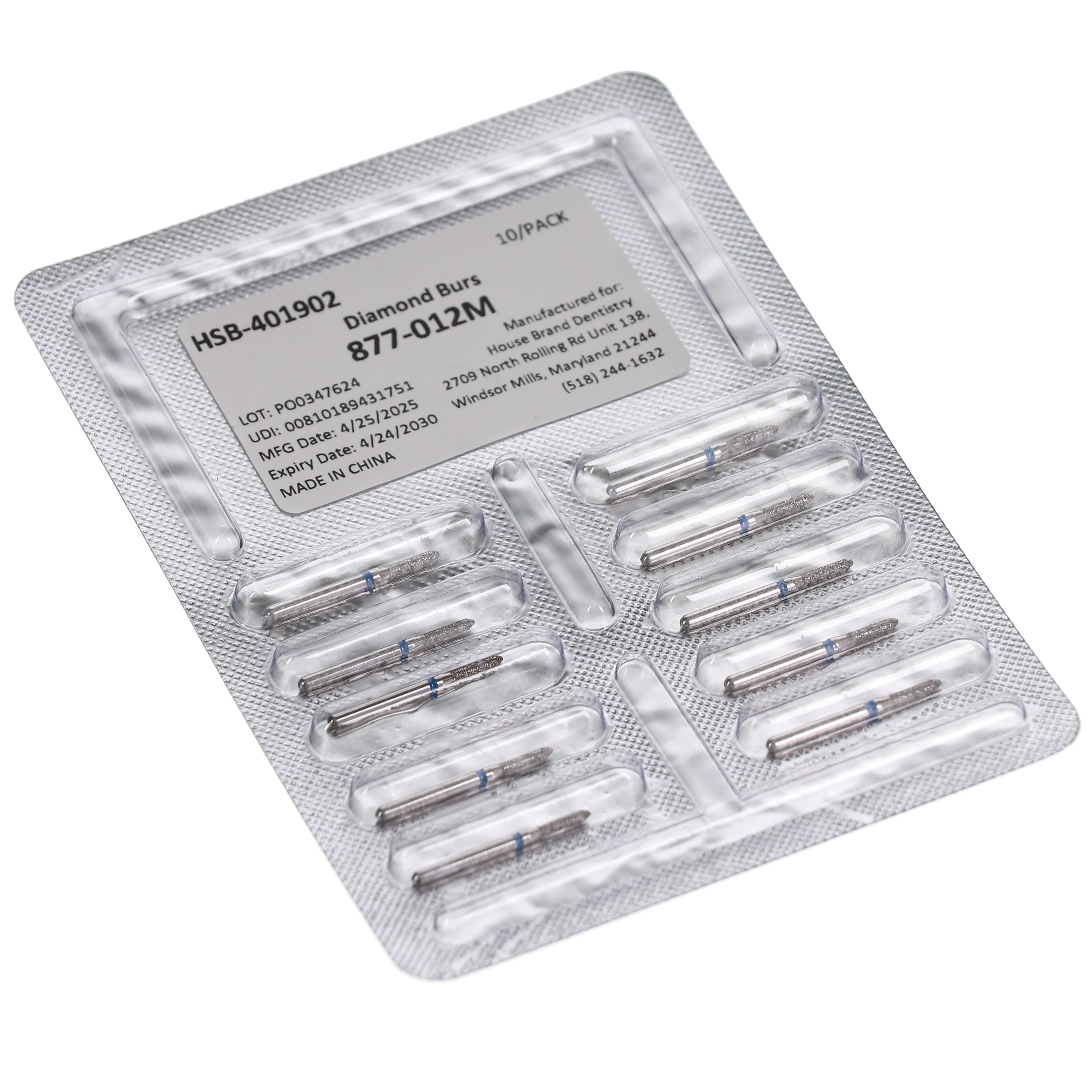 House Brand Dentistry 401902 HSB FG 877-012M Beveled Cylinder Medium Grit Diamond Burs 10/Pk