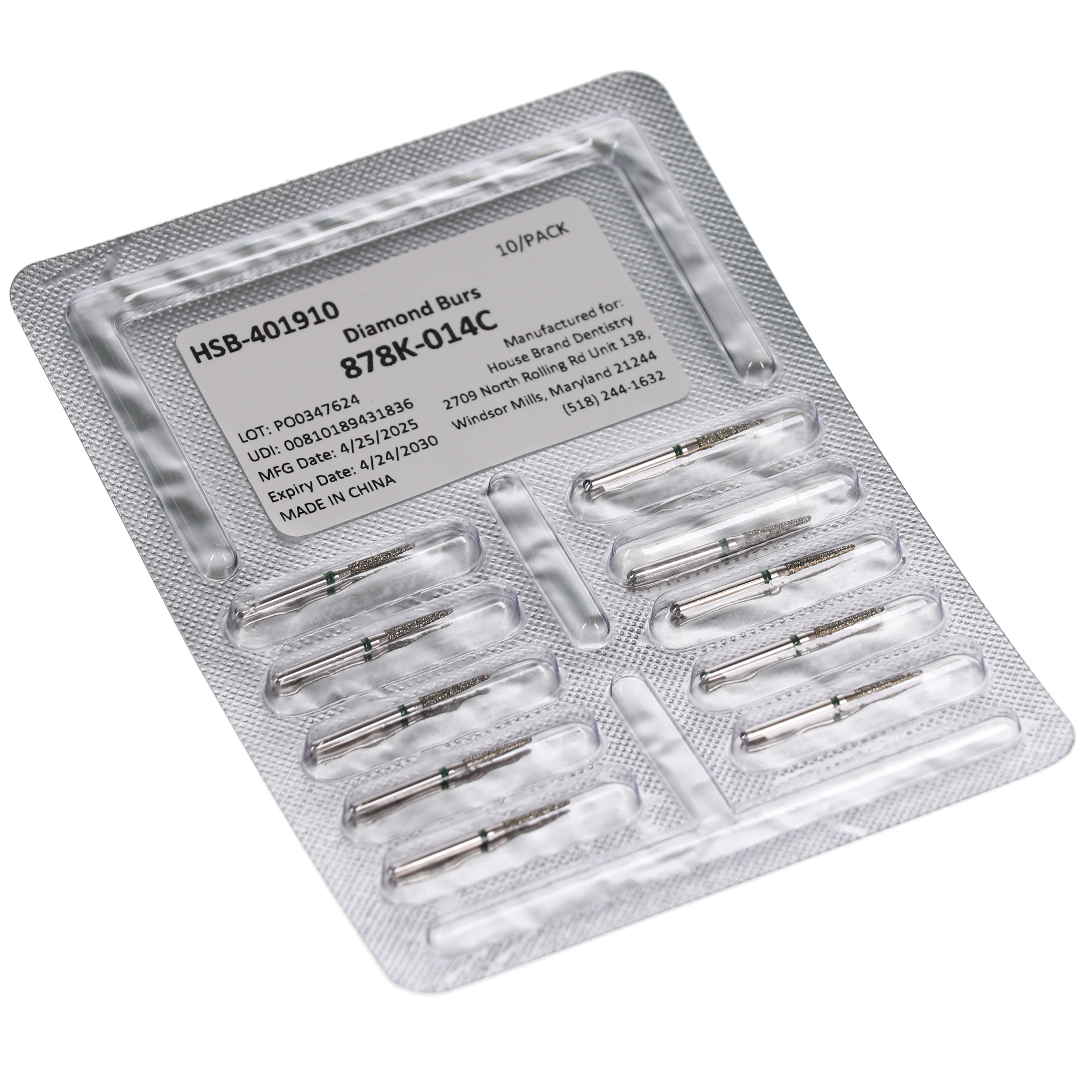 House Brand Dentistry 401910 HSB FG 878K-014C Curettage Coarse Grit Diamond Burs 10/Pk
