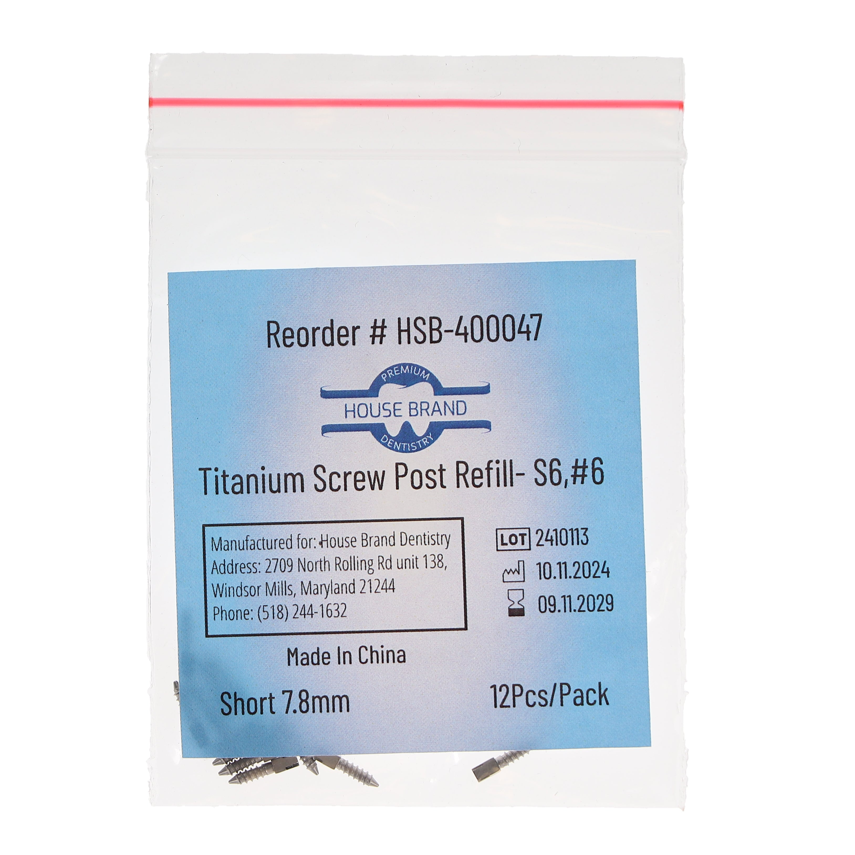 House Brand Dentistry 400047 HSB Titanium Screw Posts S6 #6 Short 7.8mm 12/Pk