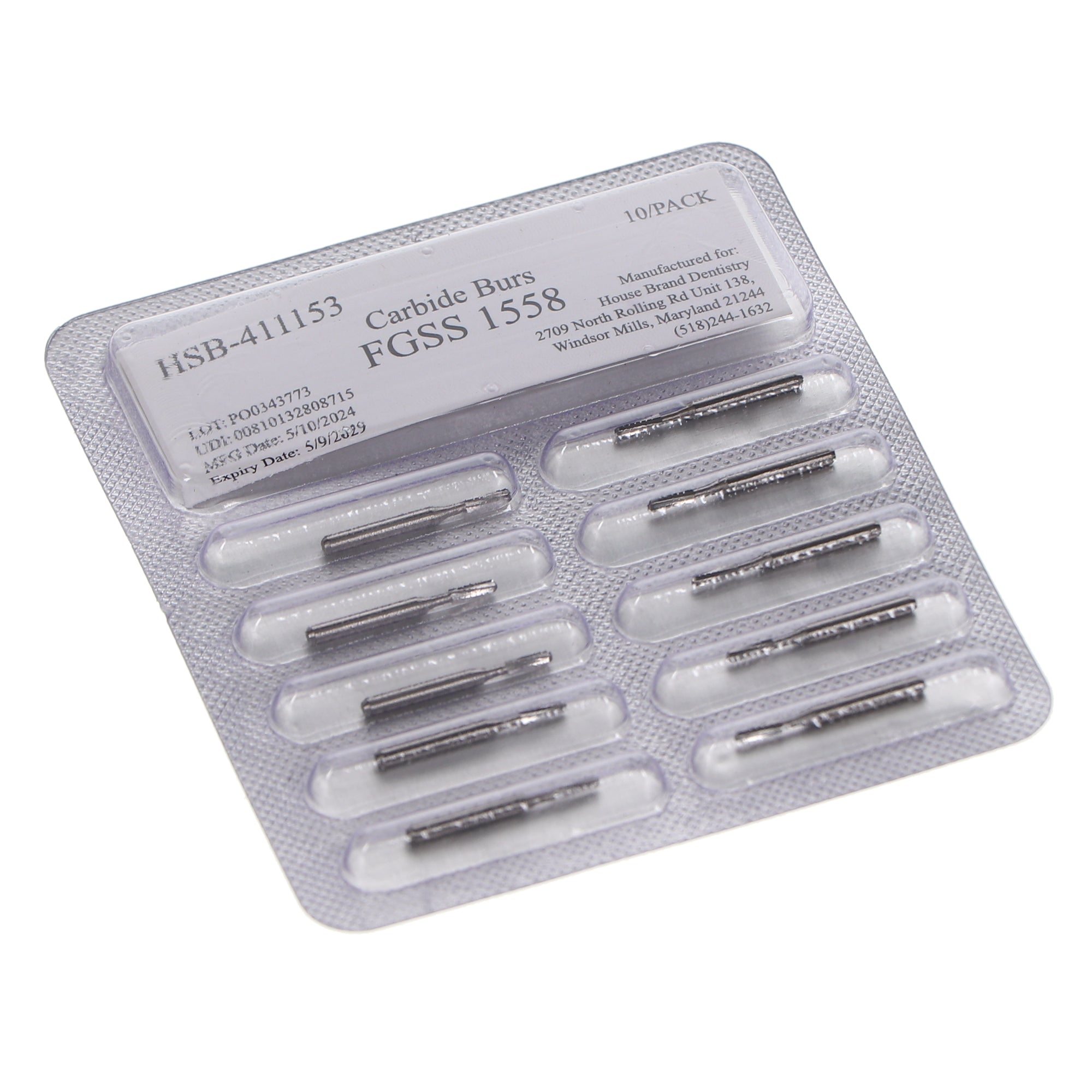 House Brand Dentistry 411153 HSB FG Short Shank #1558 Straight Dome Crosscut Carbide Burs 10/Pk