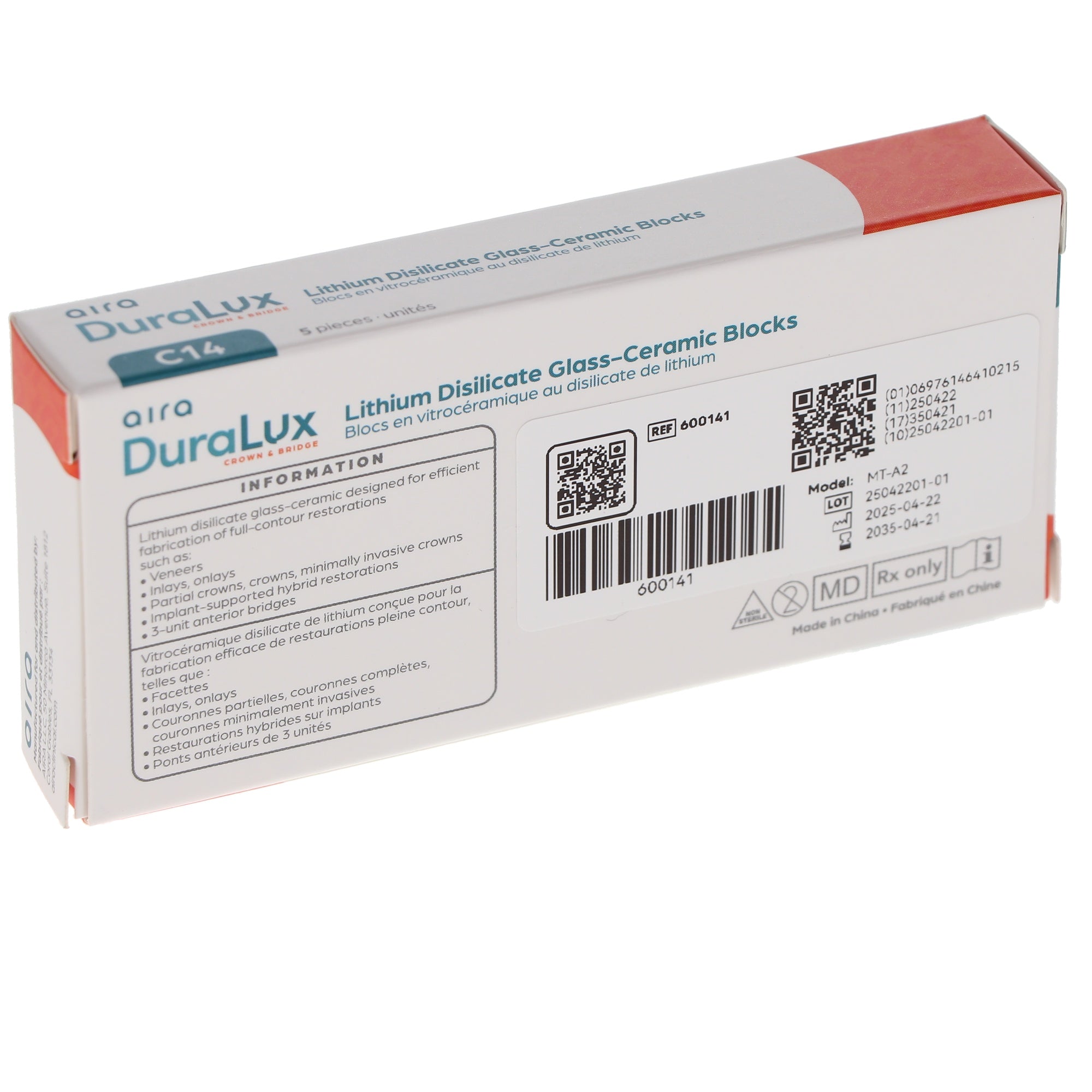 Aira 600141 DuraLux IPS e.max Type Blocks CAD inLab MT A2 C14 5/Pk