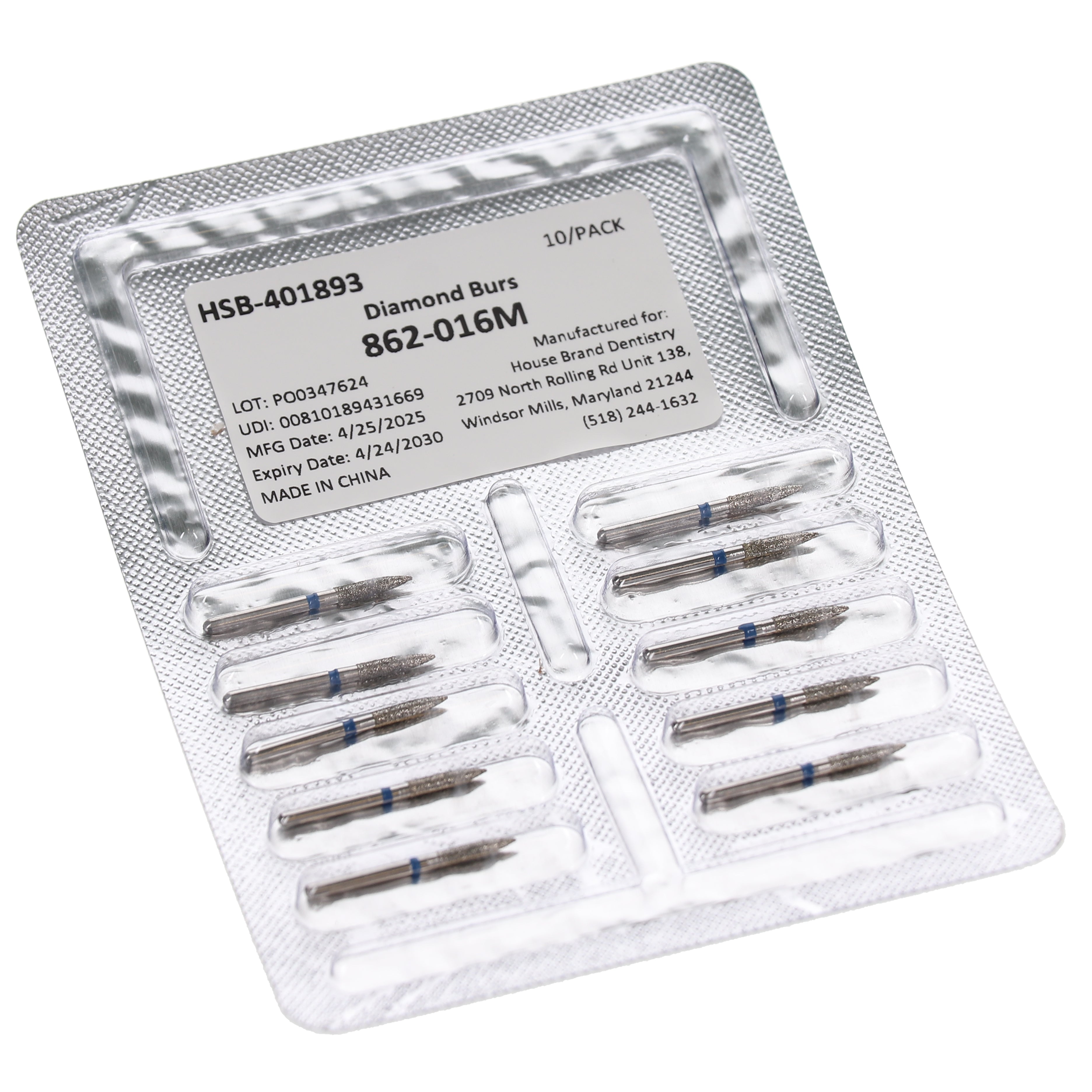 House Brand Dentistry 401893 HSB FG 862-016M Flame Medium Grit Diamond Burs 10/Pk